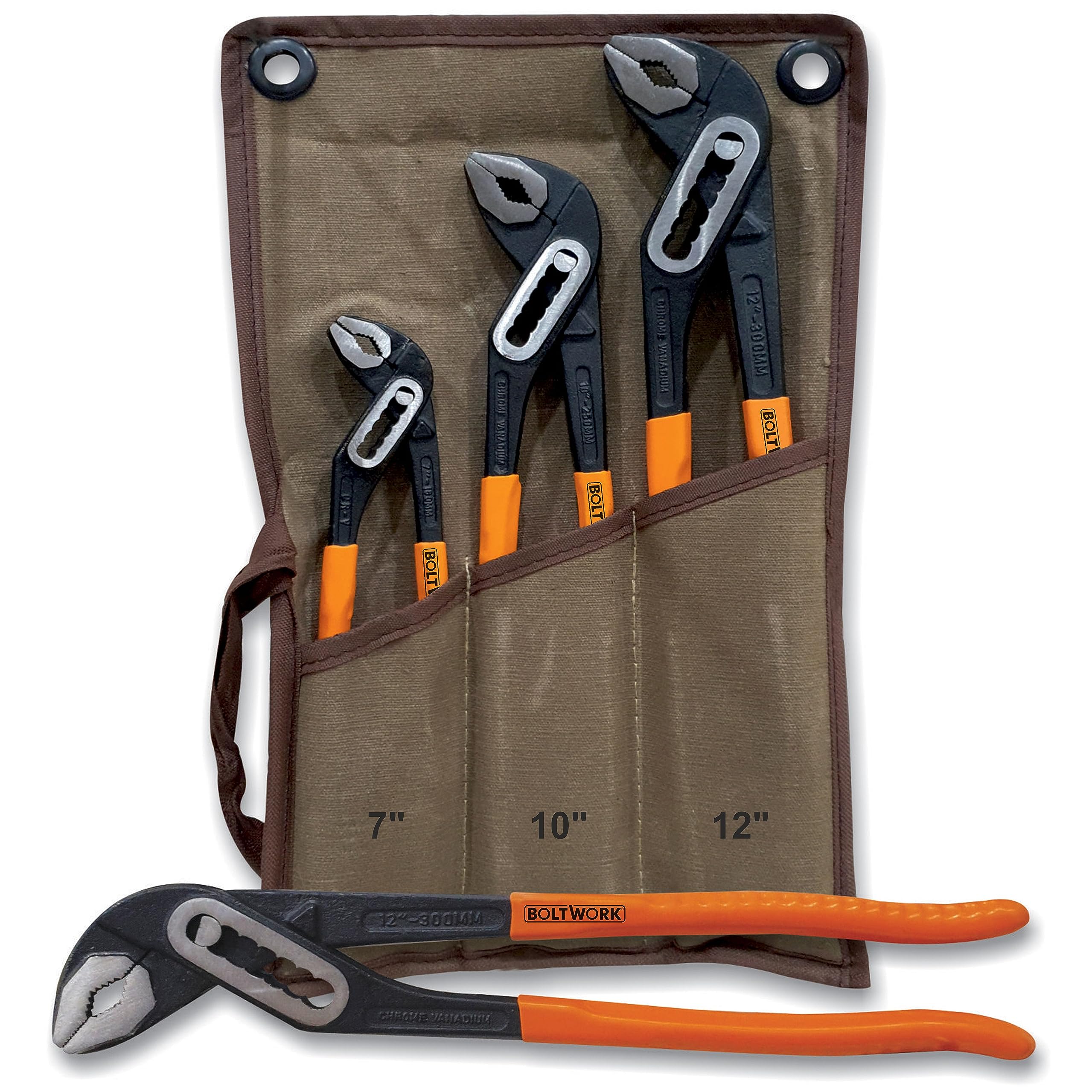BOLTWORK Water Pump Pliers 3Pc (7?,10?,12?) CRV Steel Wide Jaw Profile Long Nose Box Joint Grips Set in Storage Pouch, 1% of Sale Value Will be