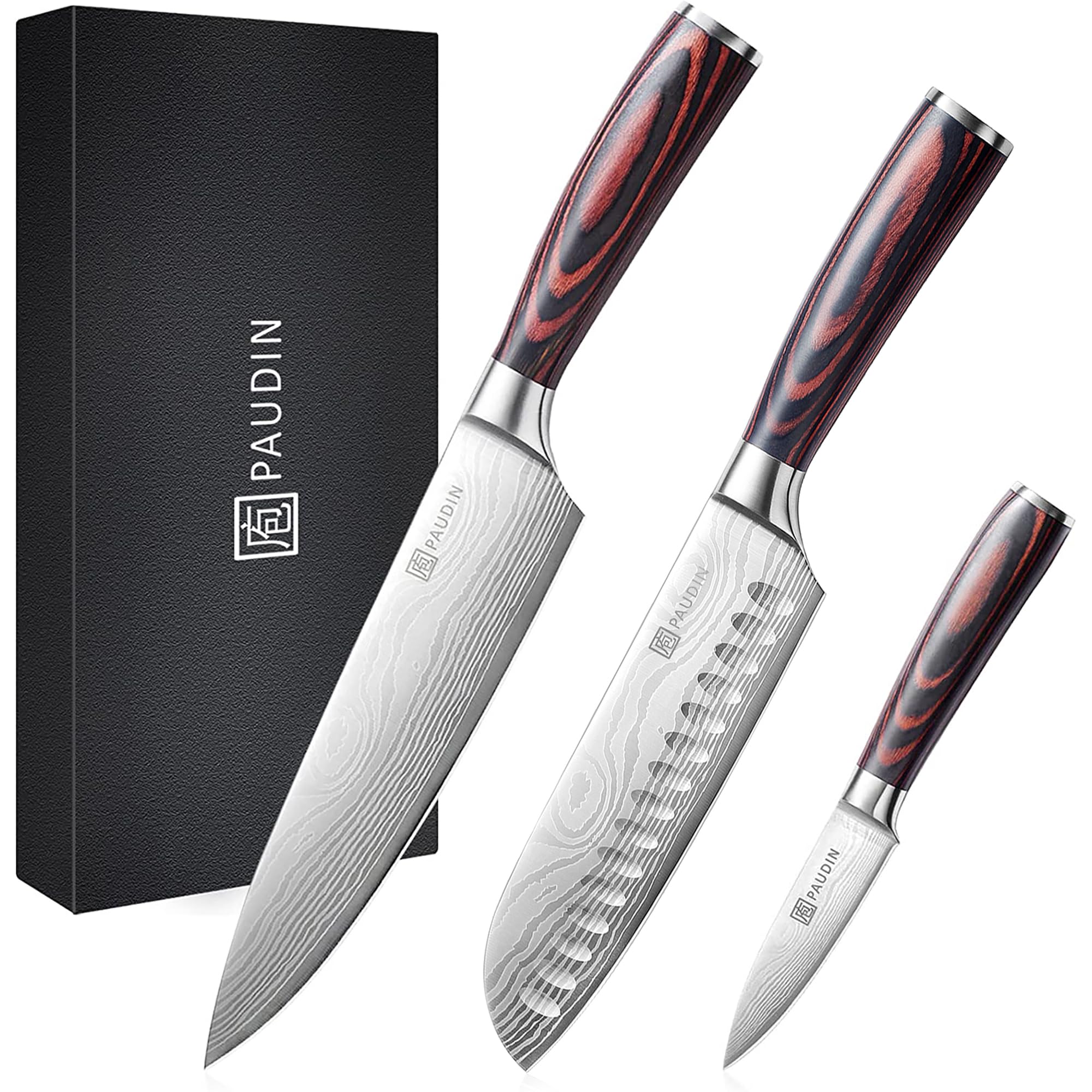 PAUDIN Chef Knife Set 3Pcs, Professional Kitchen Knife Set with High Carbon Stainless Steel, Sharp Chef Knives with 8 inche Chef Knife, 7 inch Santoku