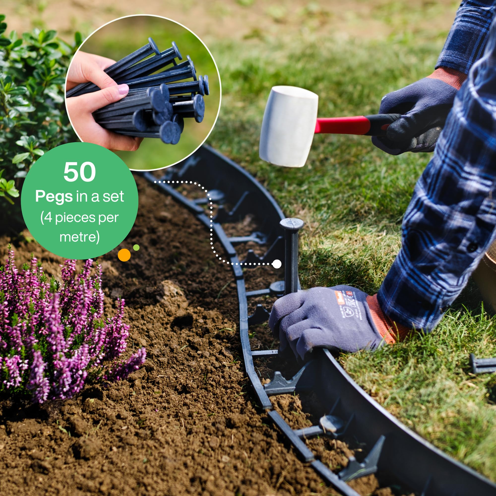 Flexible Lawn Edging 12 m - Invisible Plastic Garden Edge with 50 Securing Pegs - Easy to Use, Weather Resistant - Grass, Flowerbed & Path Border