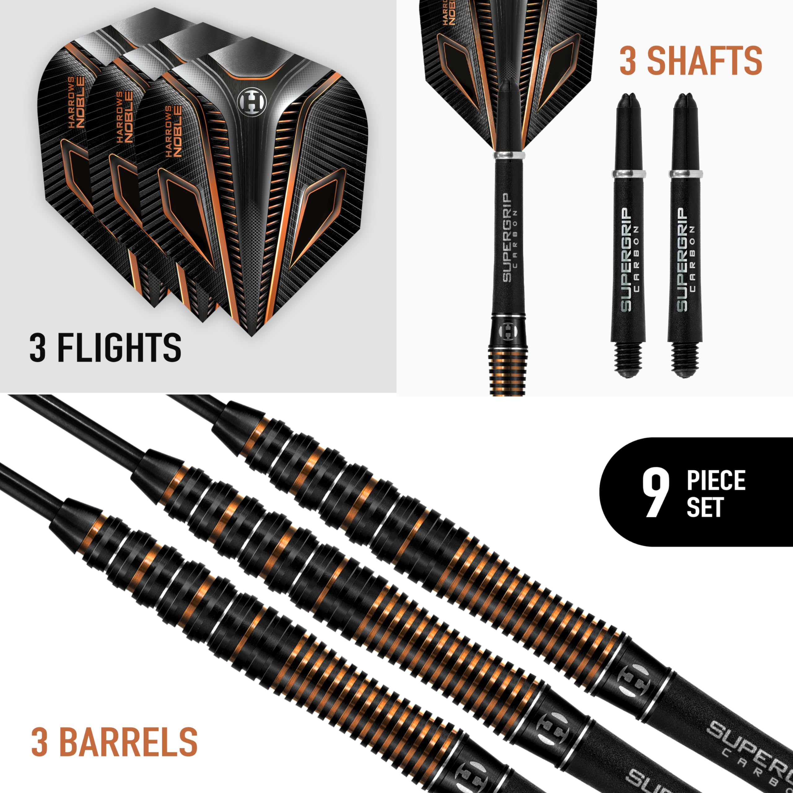 Harrows Noble 90% Tungsten Steel Tip Darts Set 22g, 23g, 24g & 25g - Includes Silver Supergrip Carbon Shafts & Micron Noble Flights (22g)
