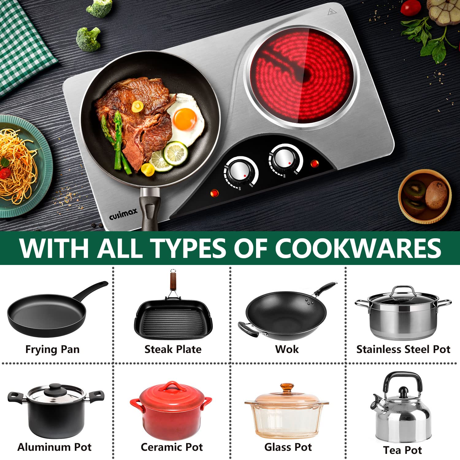 CUSIMAX Hot Plate, Double Infrared Hot Plates for cooking, 2100W Electric Hob Portable Cooktop with Dual Temperature Control & Overheat Protection,