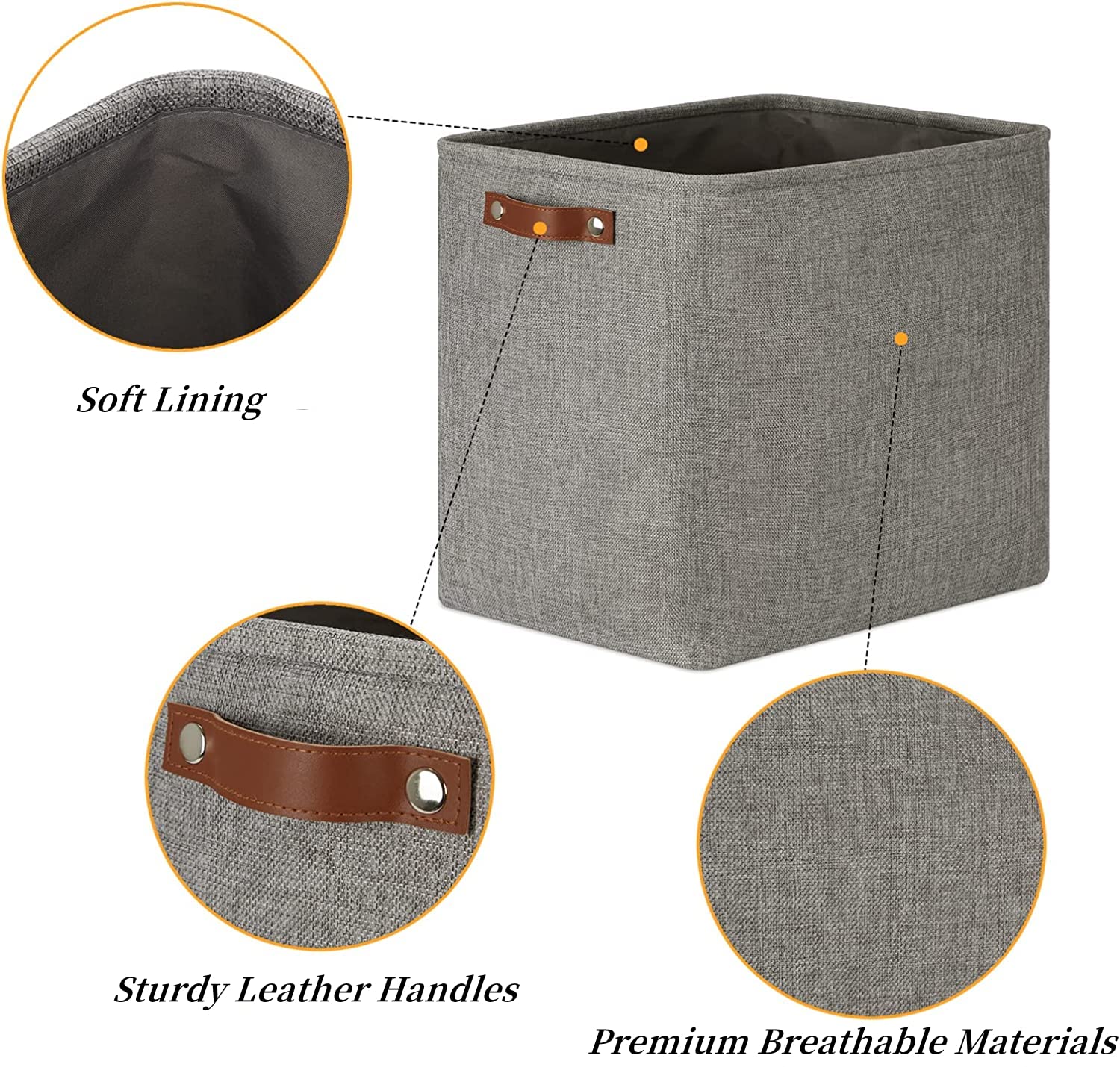 Mangata Collapsible Storage Cube Boxes, Linen Woven Fabric Storage Baskets, Cube Closet Organizer with Leather Handles (Grey)