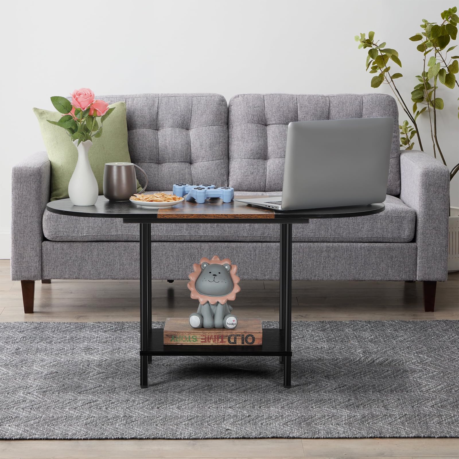 Shinoske Small Coffee Table Living Room Table Industrial Side Table Wood Coffee Table with Storage Shelf Metal Frame for Home Office, Brown & Black