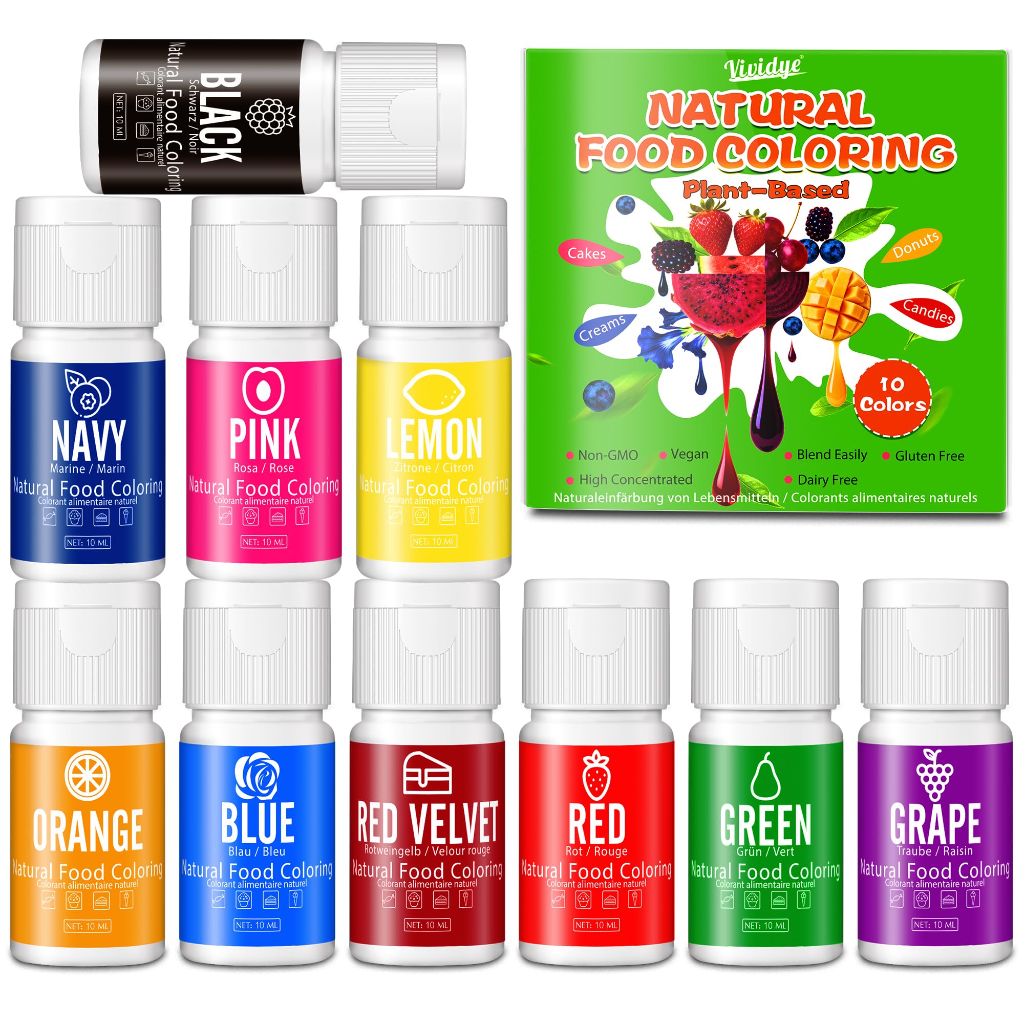 Natural Food Coloring - 10ml x 10 Vibrant Plant Based Food Coloring for Baking and DIY, FD&C & Artificial Dye-free, Organic, Gluten-free, Vegan,
