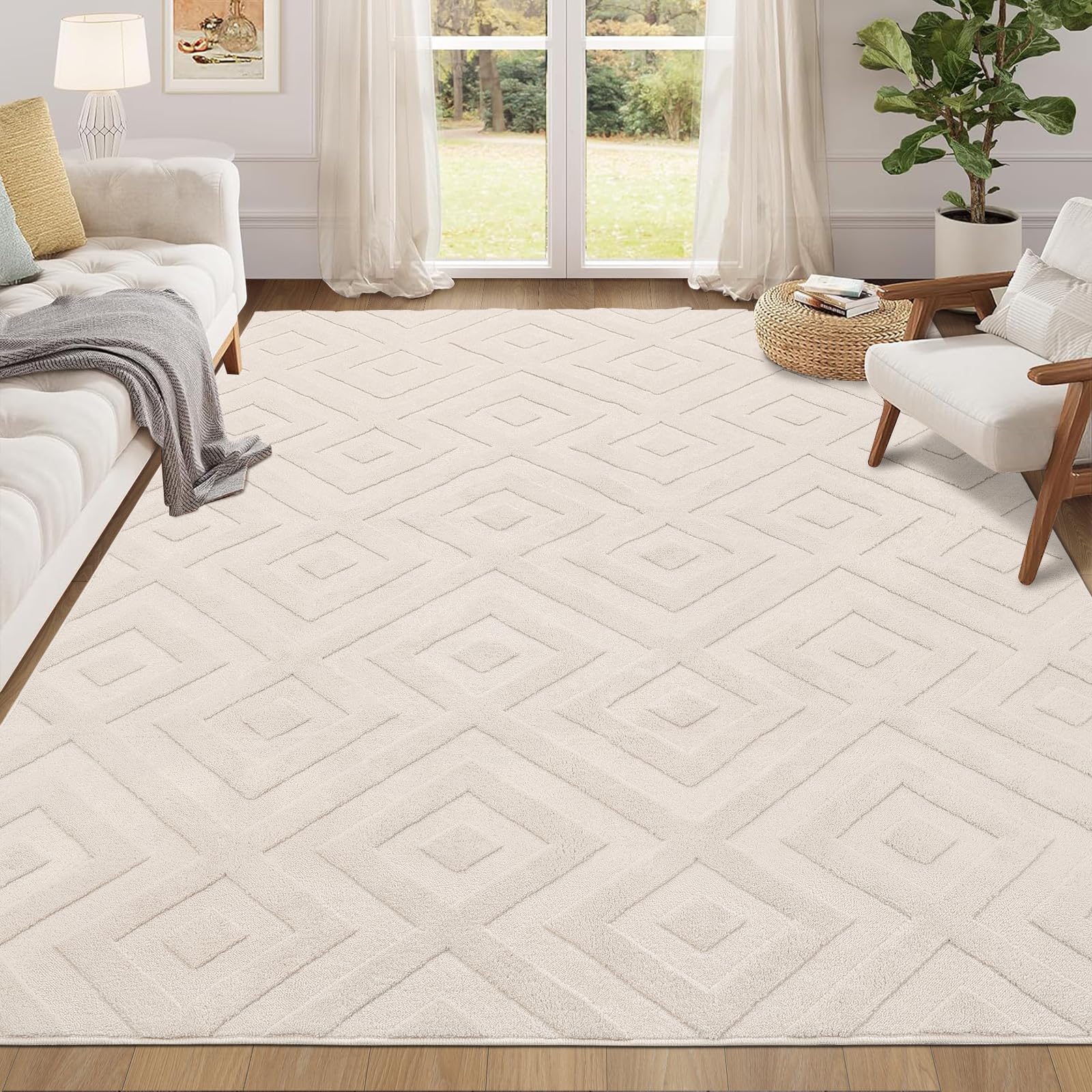 Enyhom Machine Washable Area Rug, Large Soft Geometric Rugs for Bedroom Modern Design Cream Rugs Living Room Non Slip Carpet Stain Resistant Mat for