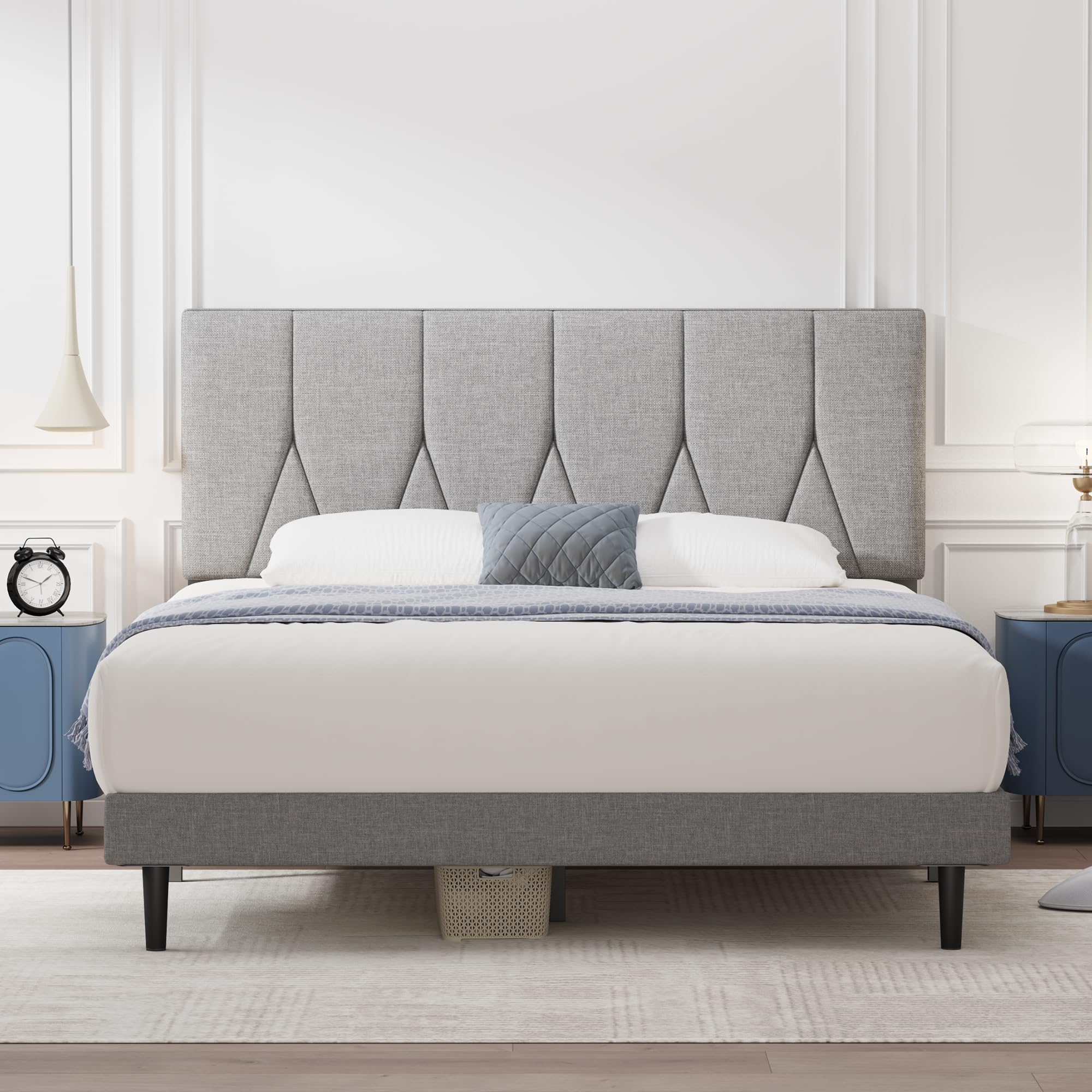 Yocreat Single Bed Frame, Light Grey, Upholstered Wooden Slat Bed Frame with Headboard, Easy Assembly, Underbed Storage, No Box Spring Needed 90?190