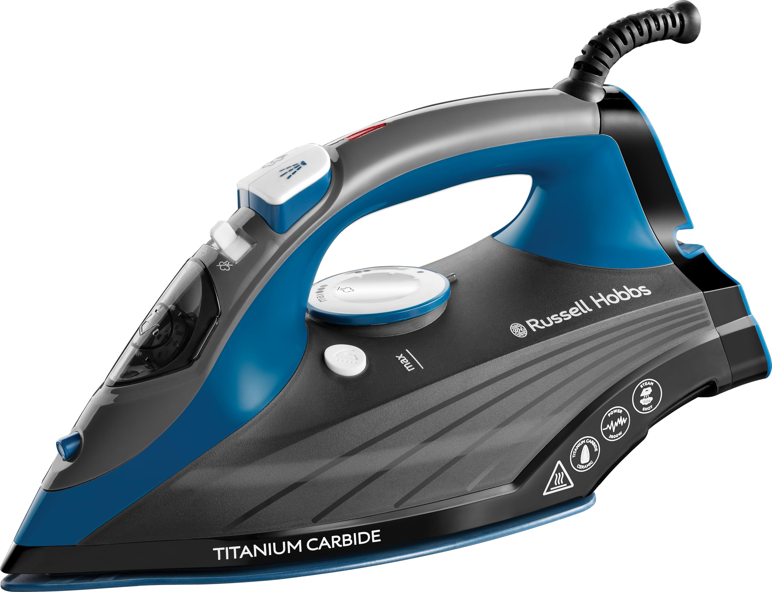 Russell Hobbs Iron [2600W, 160g steam shot, 55g/min continuous steam] Titanium Carbide (Titanium-infused ceramic soleplate, 330ml tank, self-cleaning,