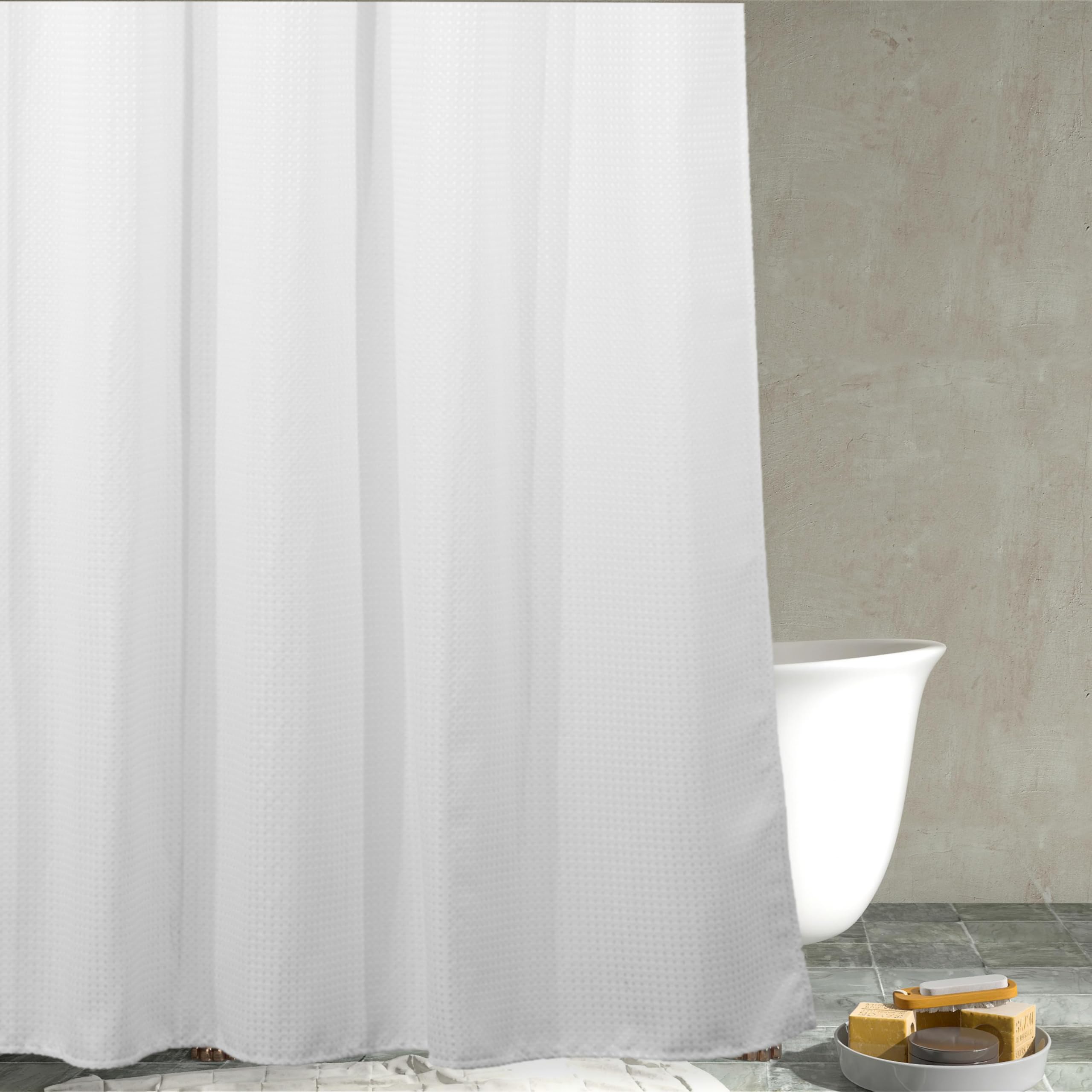 White Waffle Shower Curtain: Heavy Duty Fabric Shower Curtain for Bathroom - Water Repellent Washable Thick Polyester Cloth Bath Curtain - 183 x 214