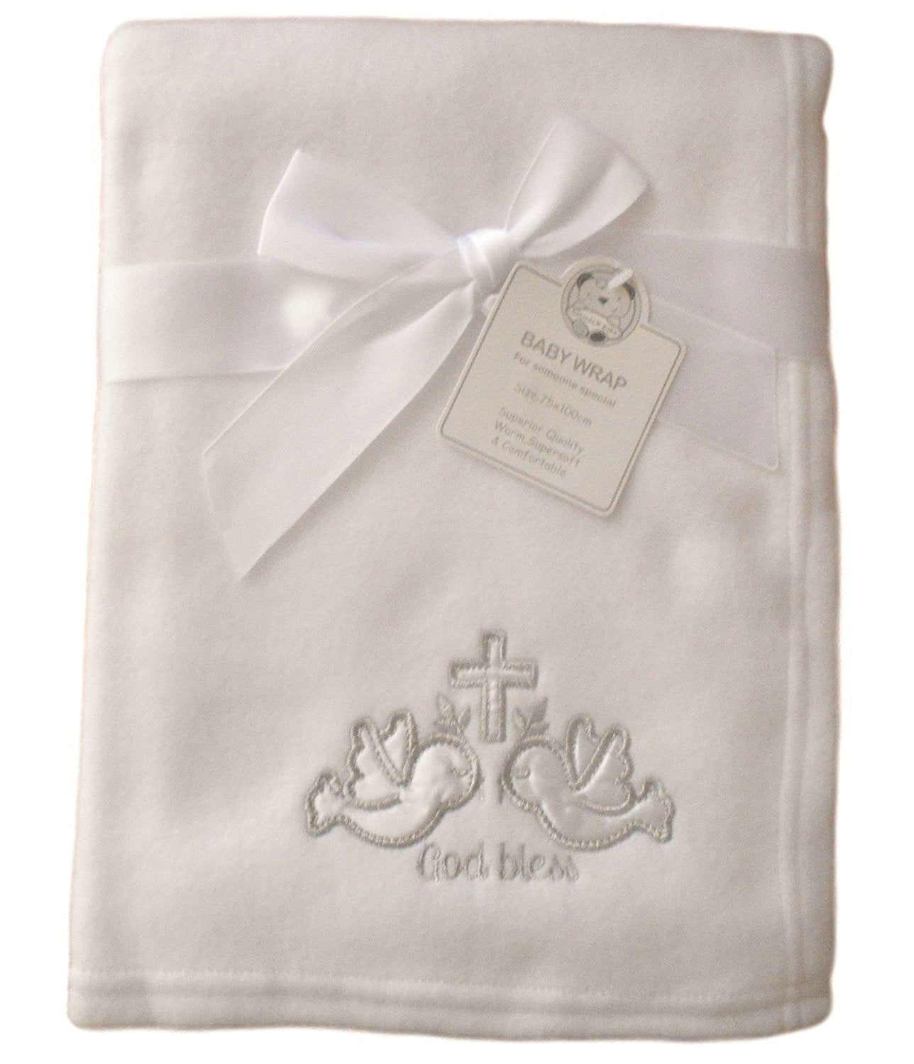 Baby White Silver God Bless Doves and Cross Wrap Blanket 100cm x 75cm approx