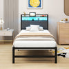 VERFARM 3ft Single Size Bed Frame with LED Lights Storage Upholstered Headboard and Charging Station, Heavy Duty Metal Platform Single Bed Frame, No