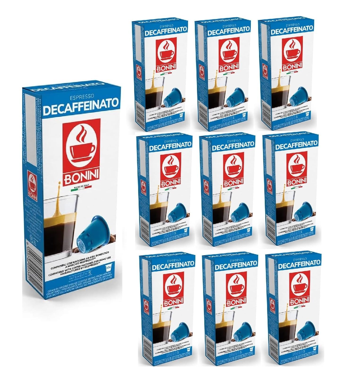 Bonini Coffee Pods, Nespresso Compatible DECAF Coffee Pods, 10 Packs Decaffeinated Capsules/Pods. Each Pack 10 Pods Total 100 Pods. 100% Italian
