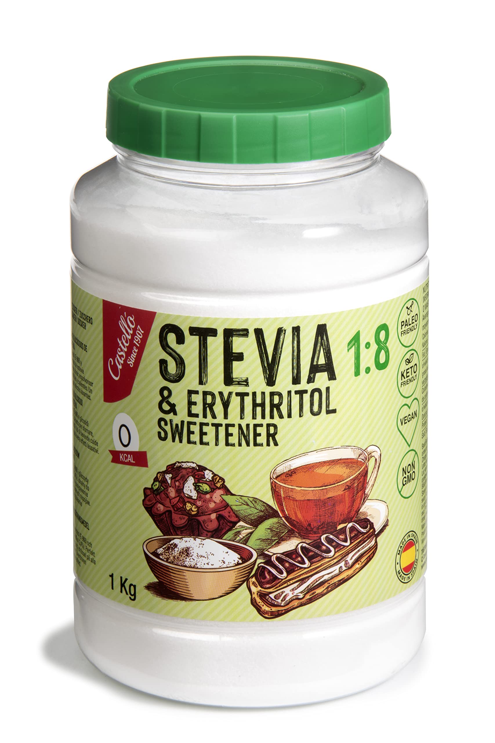 Castello since 1907 Stevia + Erythritol 1:8 Sweetener | 1g = 8g of sugar | 100% Natural taste Sugar Substitute - 0 Calories - 0 Glycemic Index - Keto