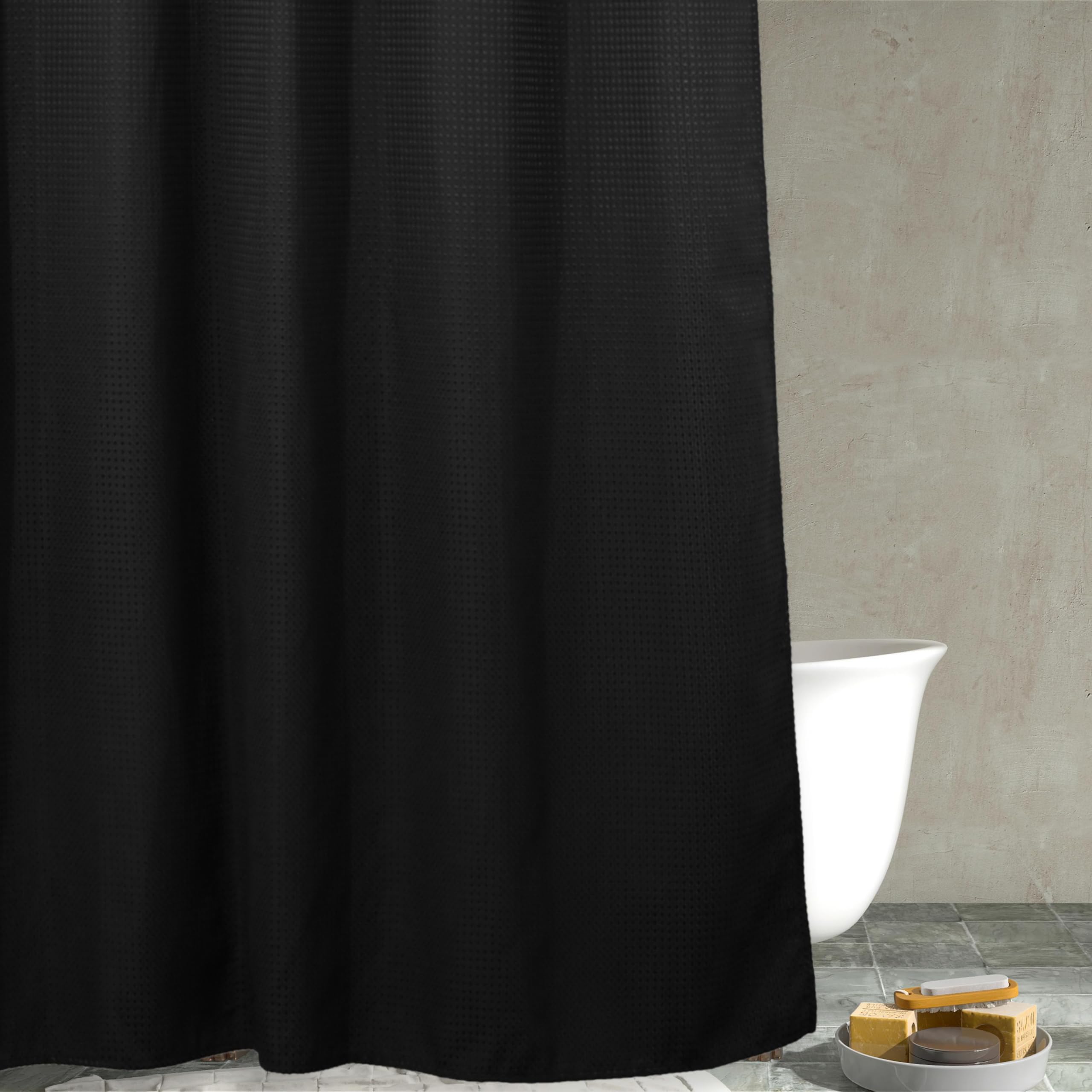 Popkozzi Black Waffle Weave Shower Curtain: Heavy Duty Textured Fabric Shower Curtain for Bathroom - Water Repellent Washable Thick Polyester Cloth