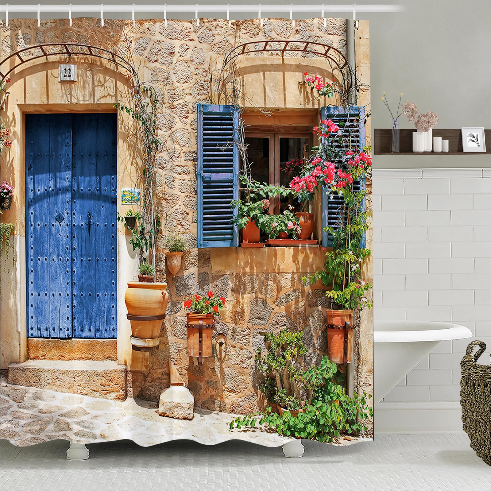 Simpomsy 3D Garden Shower Curtain, Fresh Plant Countrylife Style Retro Old Stone Wall Floral Basket Door Scenery with Green Plants, Scenery Bathroom