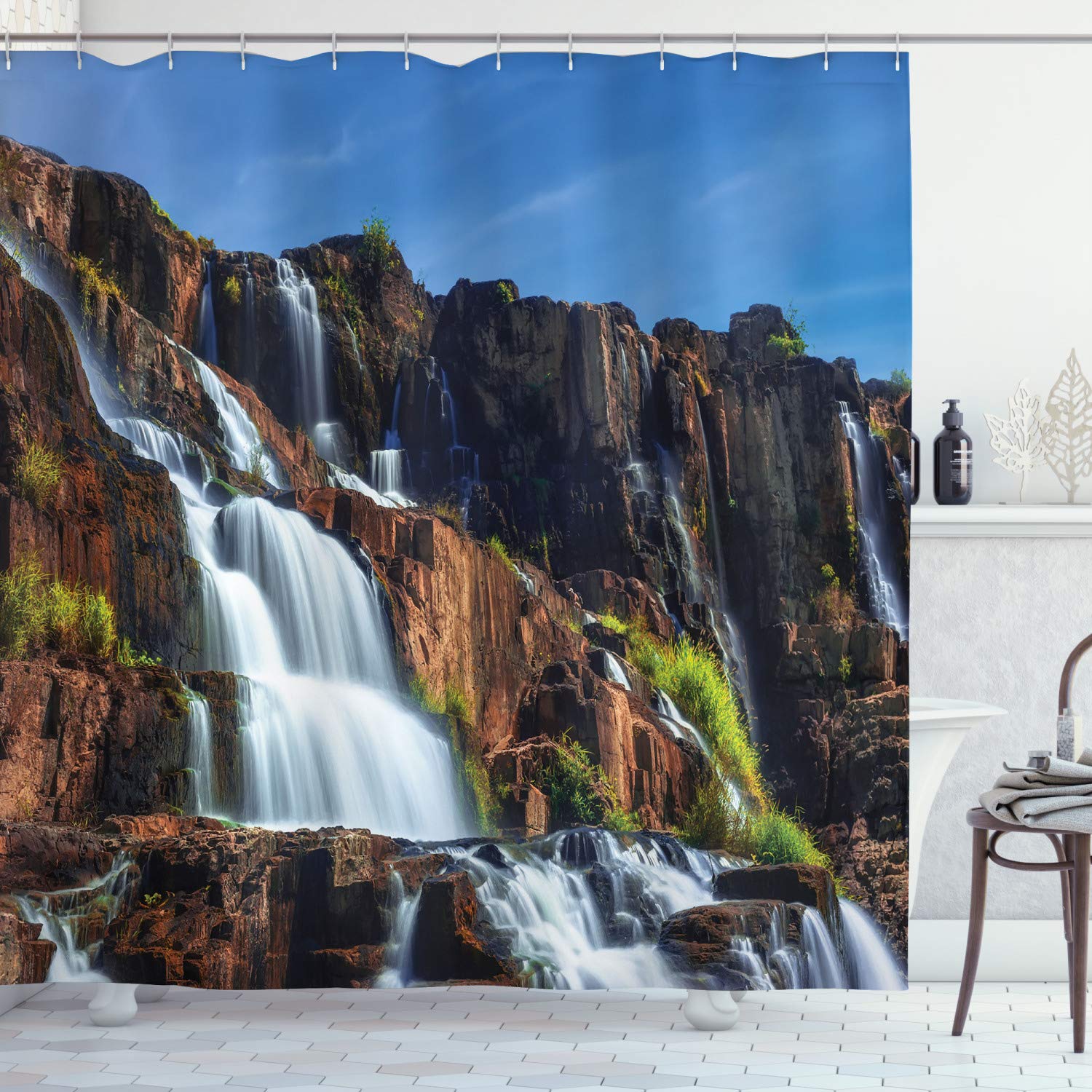 ABAKUHAUS Rainforest Shower Curtain, Pongour Waterfall Exotic Natural Beauty Landscape Mountain Rocks Print, Cloth Fabric Bathroom Decor Set with