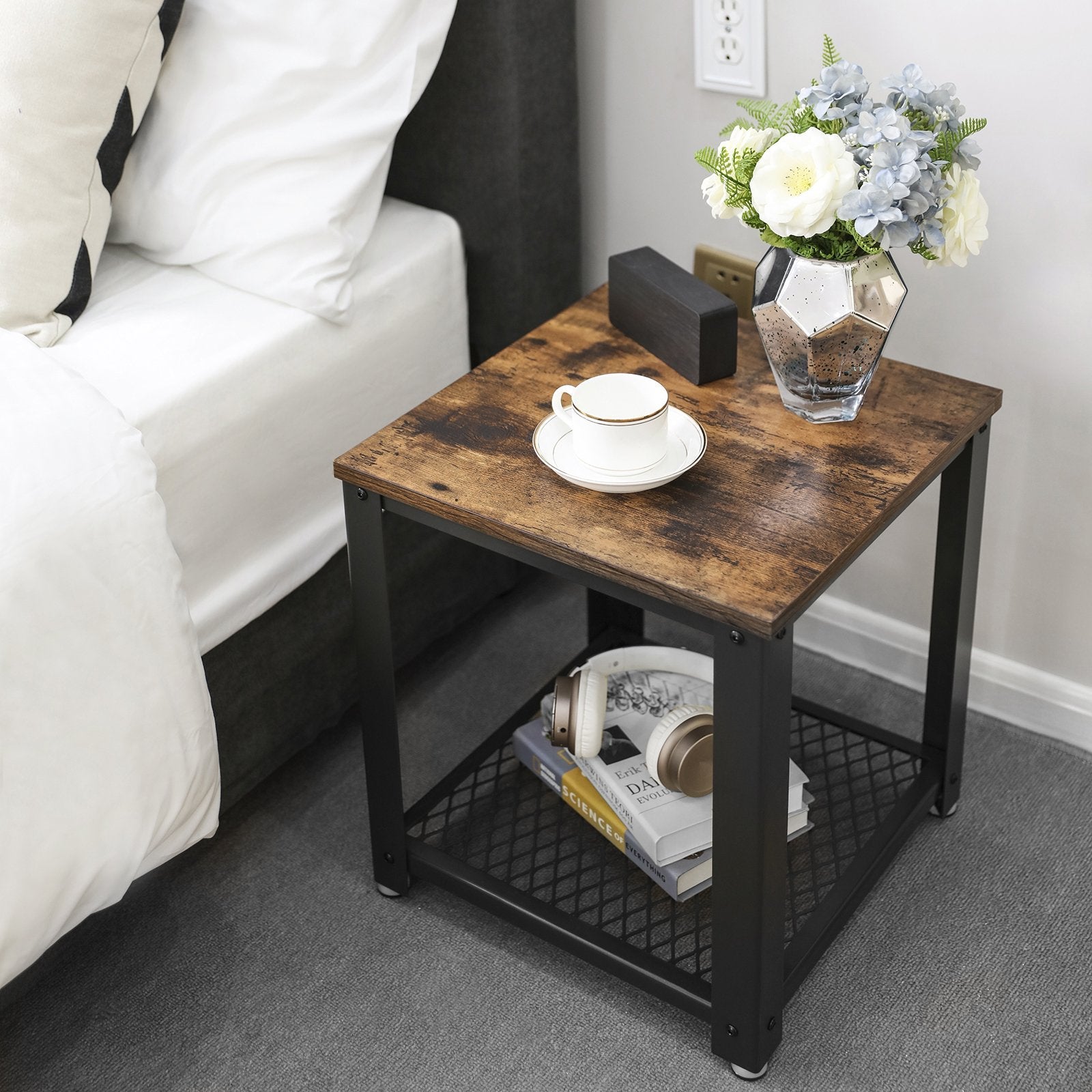 VASAGLE Side Table, Industrial End table, Coffee Table, with Metal Frame, Easy to Put Together, for Living room, Bedroom, Kitchen, Rustic Brown and