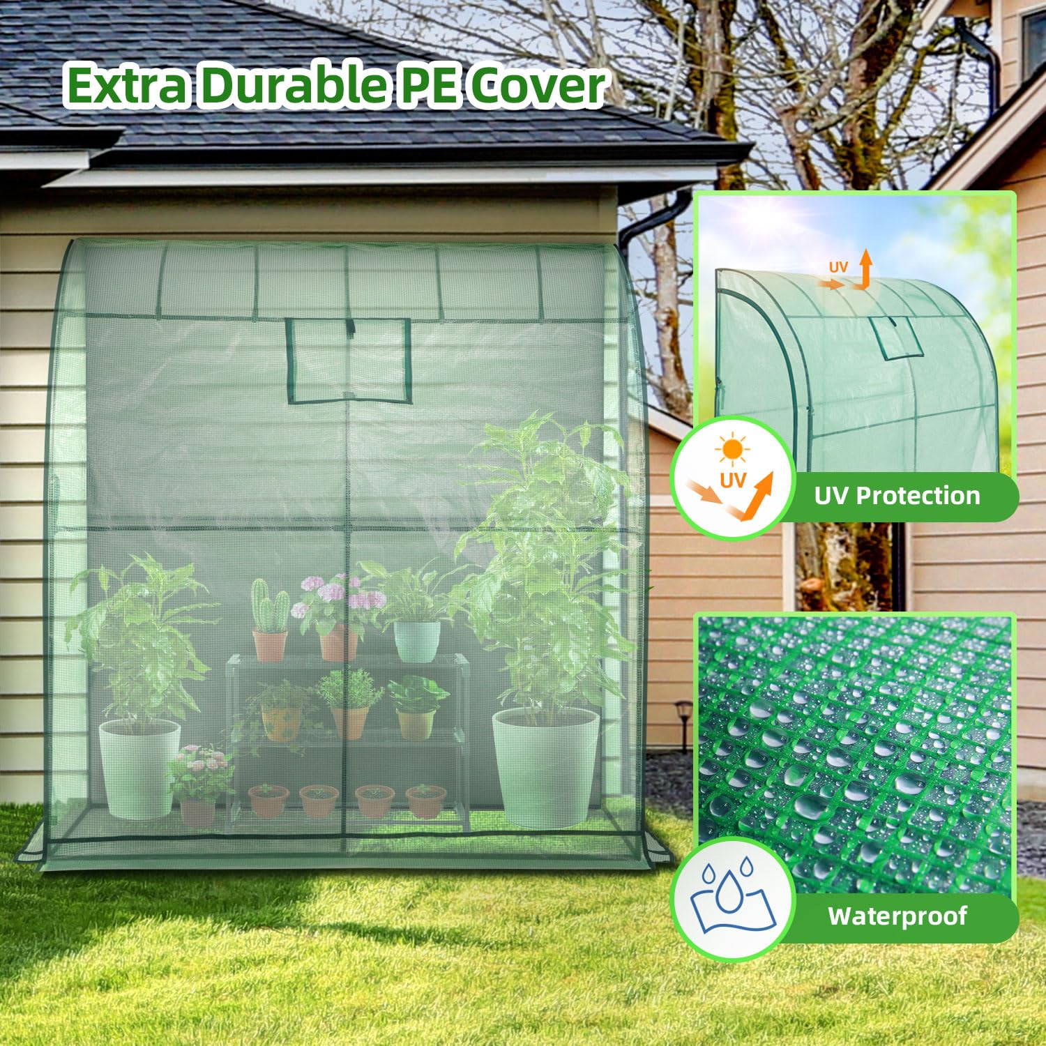 Ohuhu Lean to Greenhouse with Greenhouse Shelving, Portable Walk-in Green House with Mesh Windows 200x100x210 cm Reinforced Lean-to Wall Greenhouses