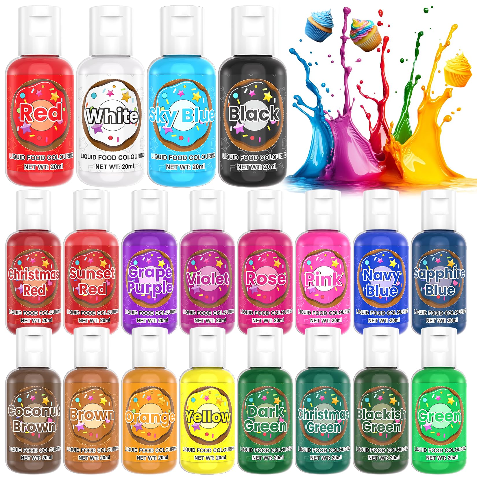 Liquid Food Colouring Set, 20 Colours Concentrated Food Colouring Dye for Icing, Neon Food Colouring for Baking, Cake Decorating, Cookie, Slime, DIY,