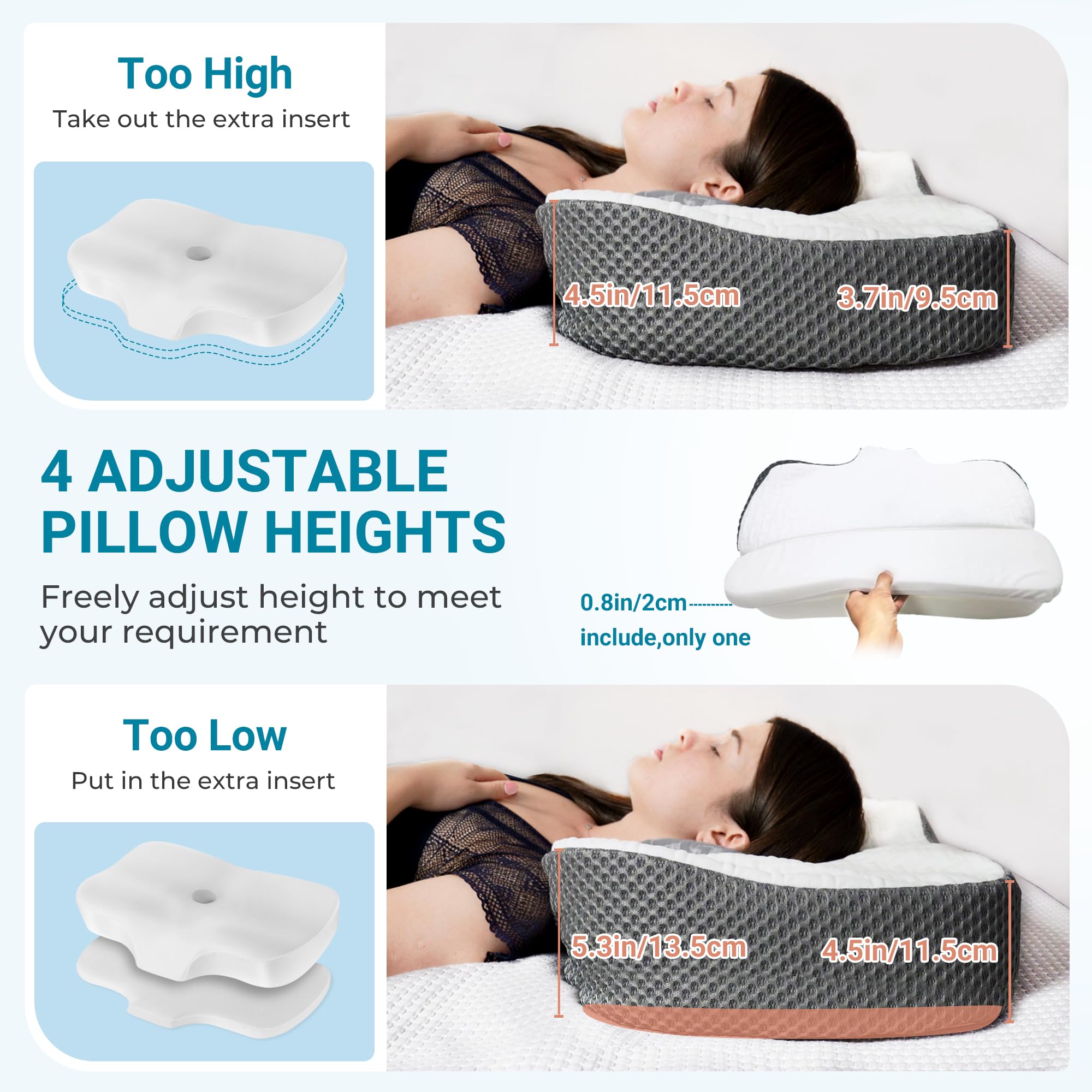 Elviros Cervical Memory Foam Neck Pillow for Side Sleeping, Orthopedic Pillows for Back and Stomach Sleepers, Adjustable Ergonomic Bed Pillow Pain