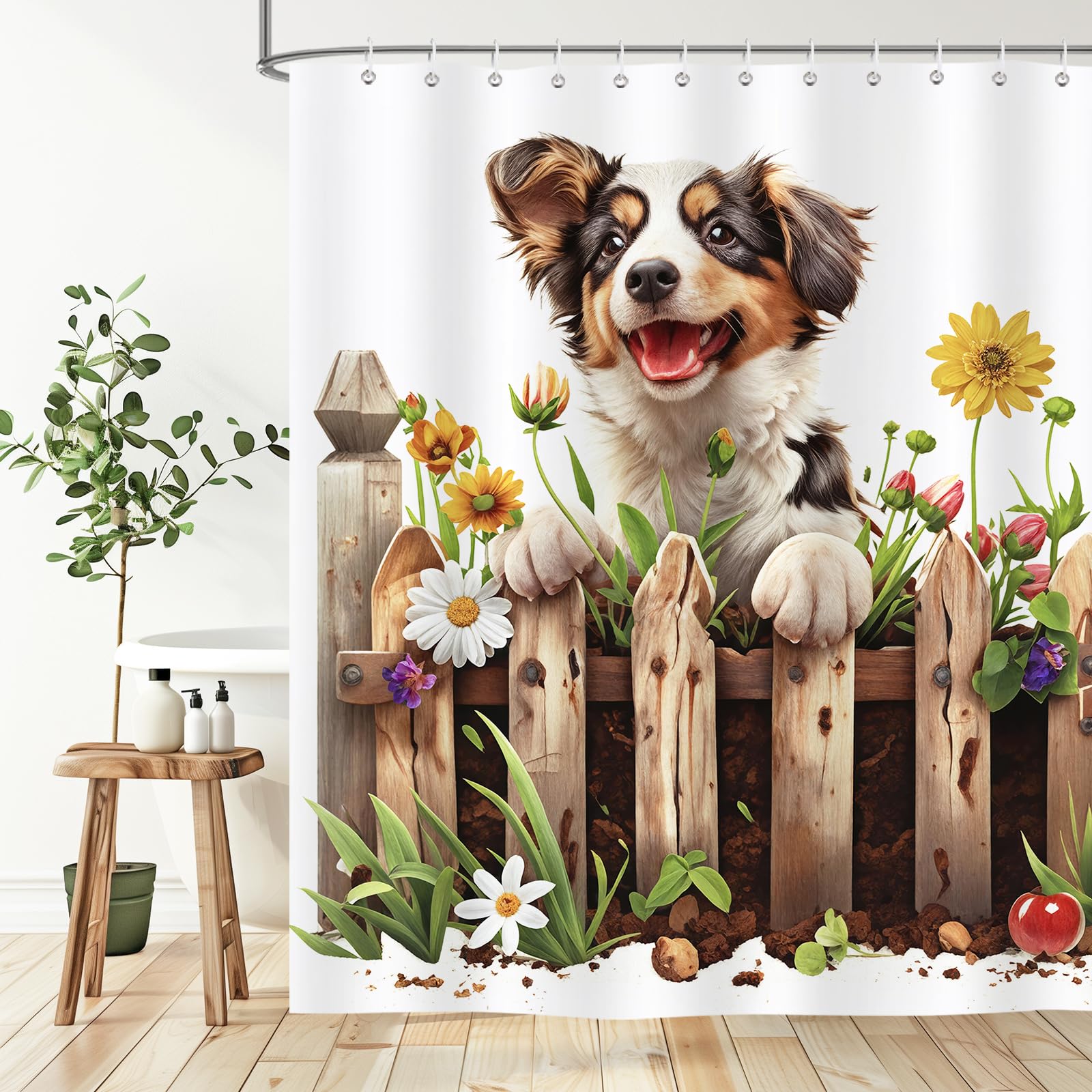 Hopomoon Funny Dog Shower Curtain,Waterproof Polyester FabricCountry Cute Farmhouse Flower Dog Bathroom Curtain Set with 12 Hooks,180 x 180 cm