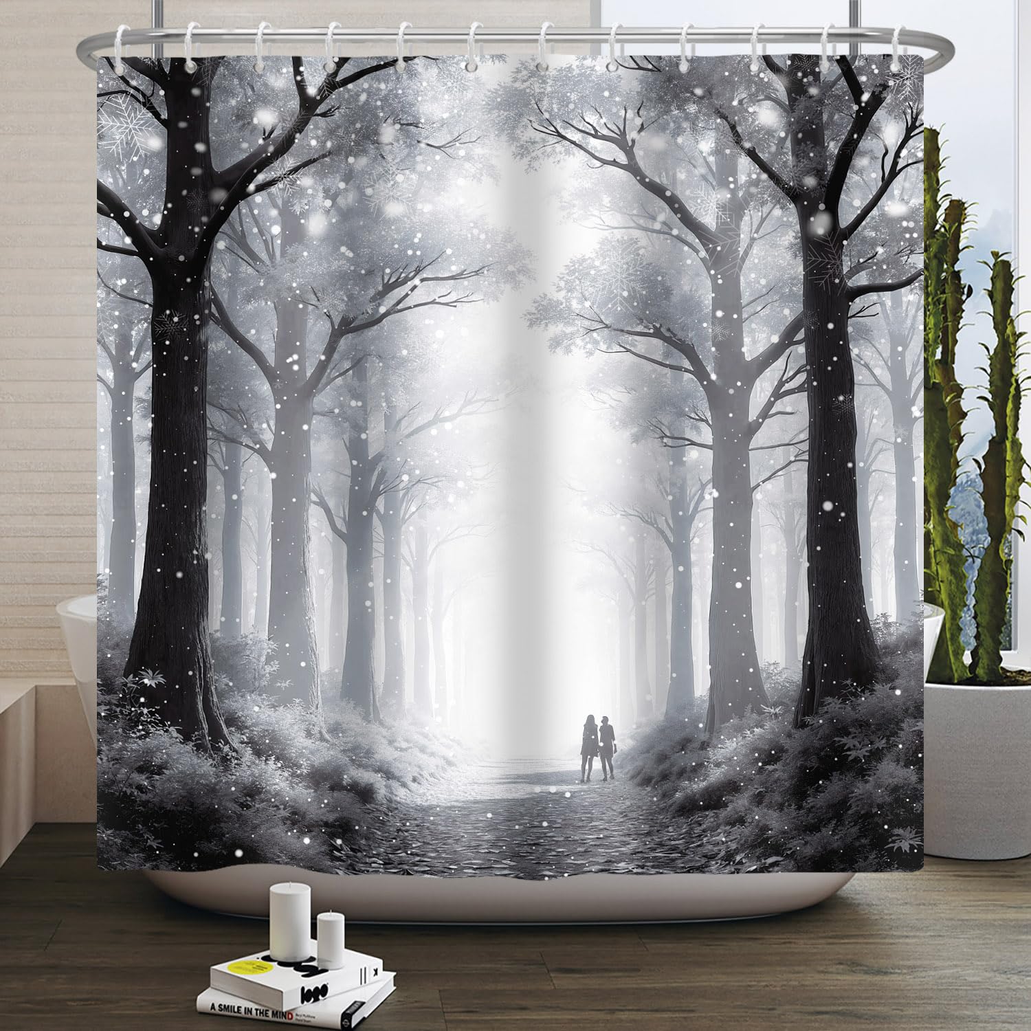 Kzzfqxb 152x183cm Shower Curtains with Plastic Hooks, Winter Forest Lovers on Flying Snow Road Painting Occluded Waterproof for Bathtub, Polyester