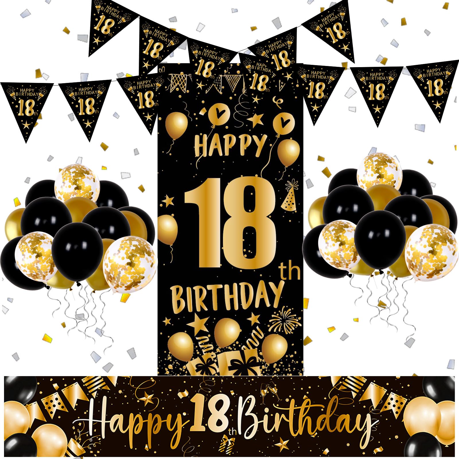 18th Birthday Decorations for Boys Girls-Happy 18 th Brithday Banners Black and Gold HAPPY 18th BIRTHDAY Balloons Decorations for 18th Brthday