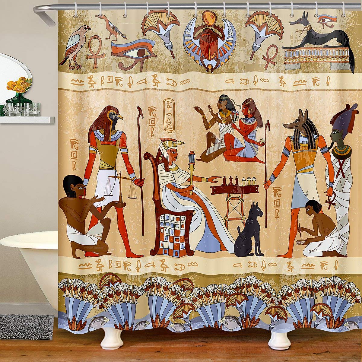 Loussiesd Ancient Egypt Shower Curtain Tribal Bathroom Fabric Shower Curtain Set for Kids Egypt Culture Bath Curtain Egyptian Style Waterproof