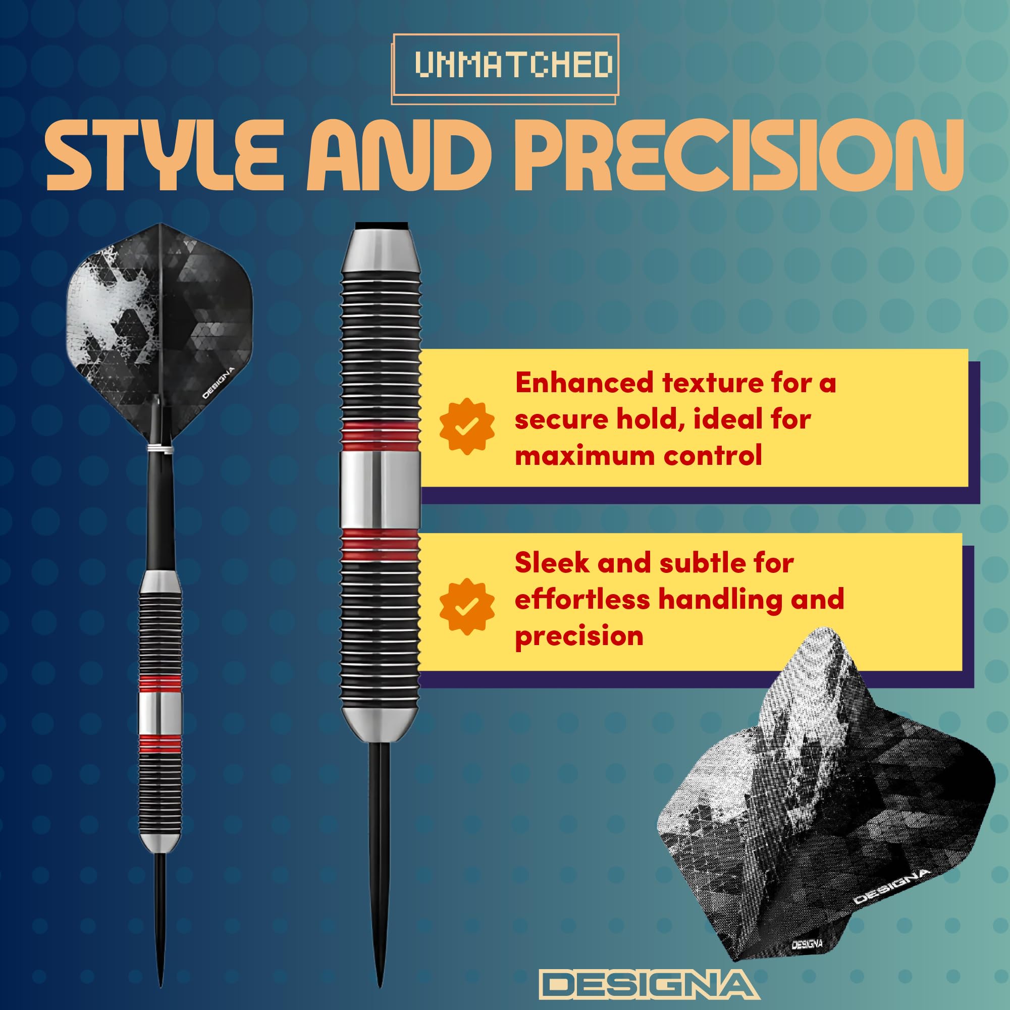 Designa Darts Meteors | 40g Premium 90% Tungsten Heavy Barrel Steel Tip Dart Set, M3, Black & Red (D8650)