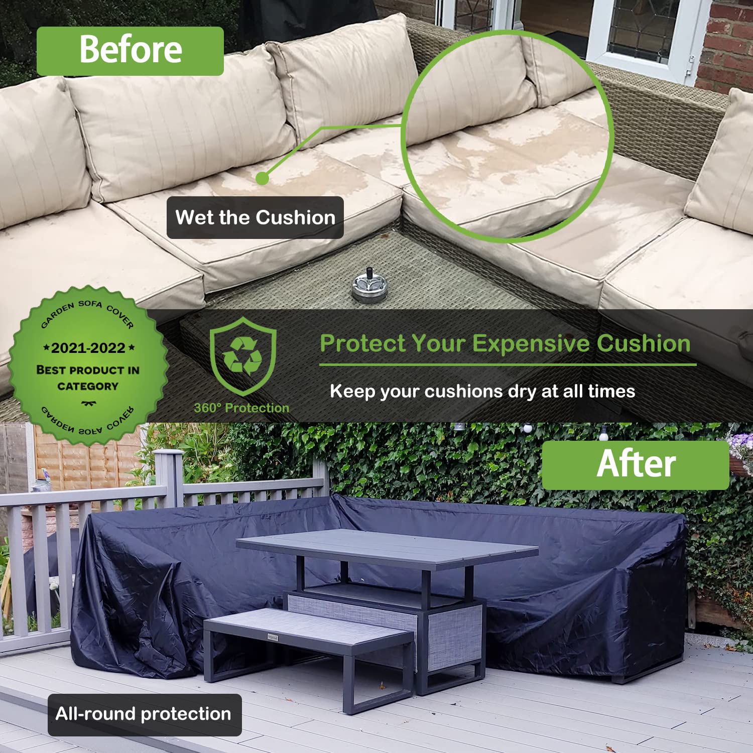 Enzeno Garden L-Shape Furniture Cover Waterproof, 420D Heavy Duty Oxford Fabric Outdoor Rattan Corner Sofa Cover with Waterproof Tape (210 * 260 *