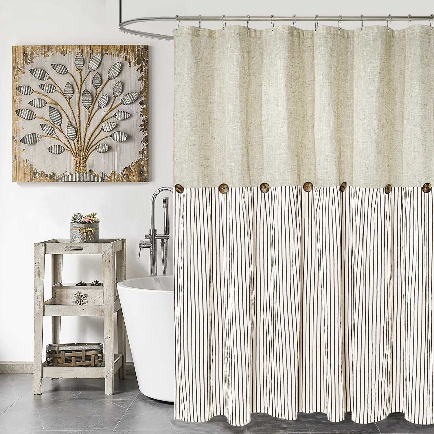 DOSLY ID?ES Farmhouse Shower Curtain with Brown Striped, Linen-Cotton, Decorative Buttons, Pleated, 180 x 180 cm
