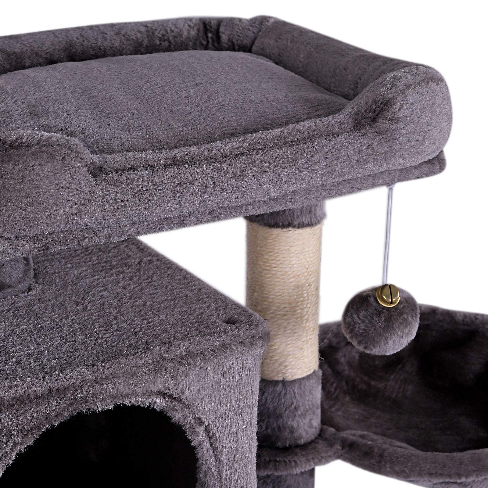 lionto Cat Scratching Post with Plush Ball Including Bell and Lounger Height 70 cm Cat Tree with Sisal & Plush, Cosy Lying Surface and Caves, Suitable