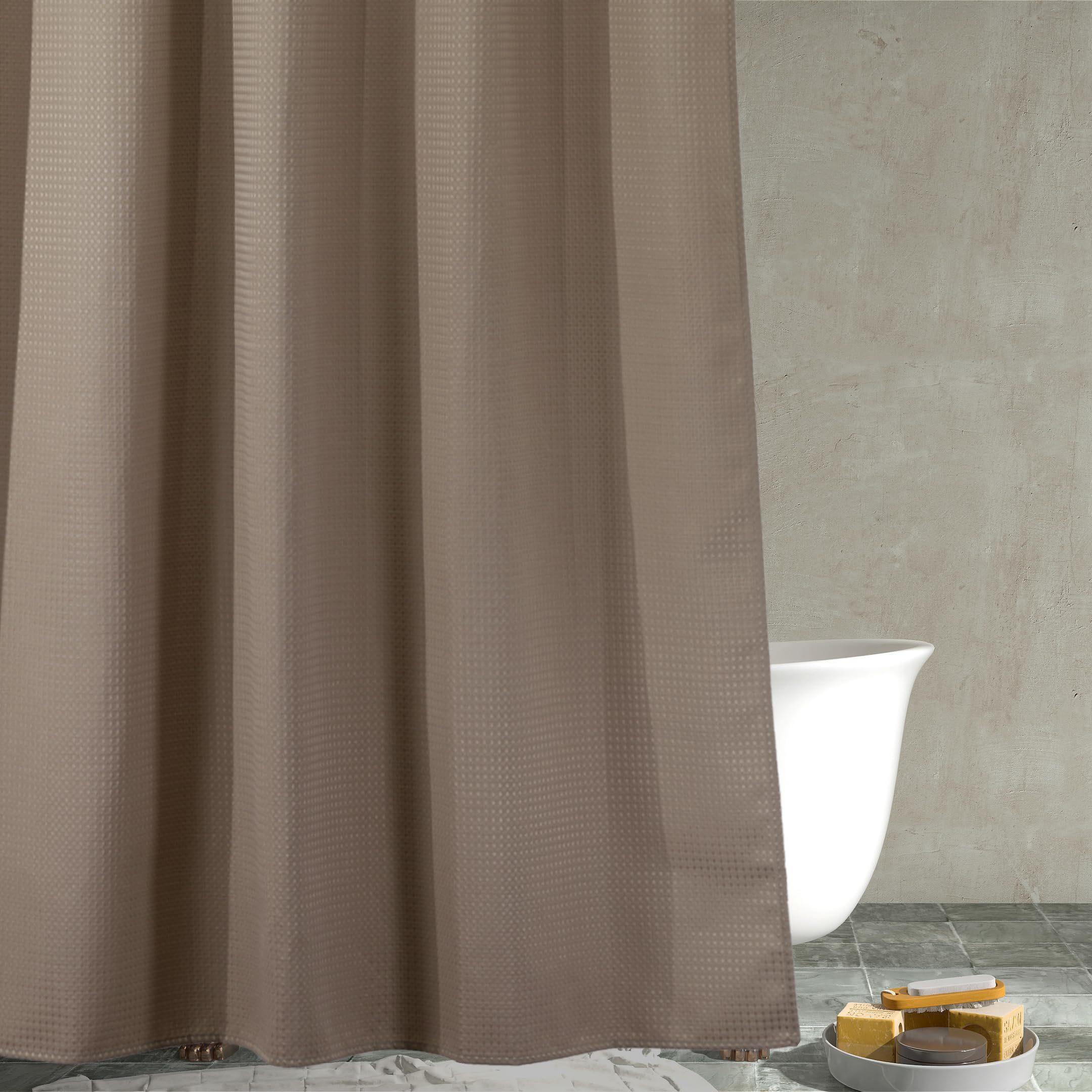 Taupe Tan Waffle Shower Curtain: Heavy Duty Textured Fabric Shower Curtain for Bathroom - Water Repellent Washable Thick Polyester Cloth Bath Curtain