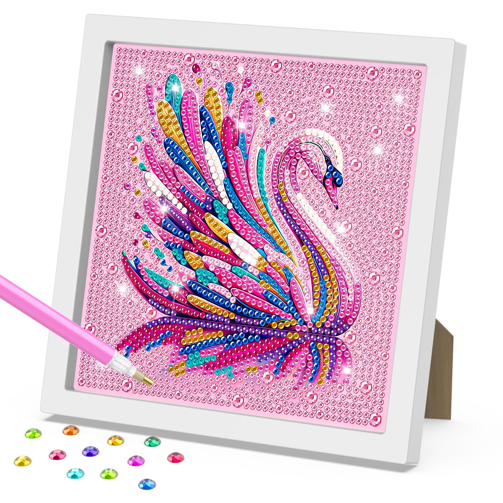 DOMROM Animal Diamond Painting Kit with Frame - Colorful Swan Diamond Art for Kids Ages 6-12, DIY Easy Gem Art Kit for Girls & Boys