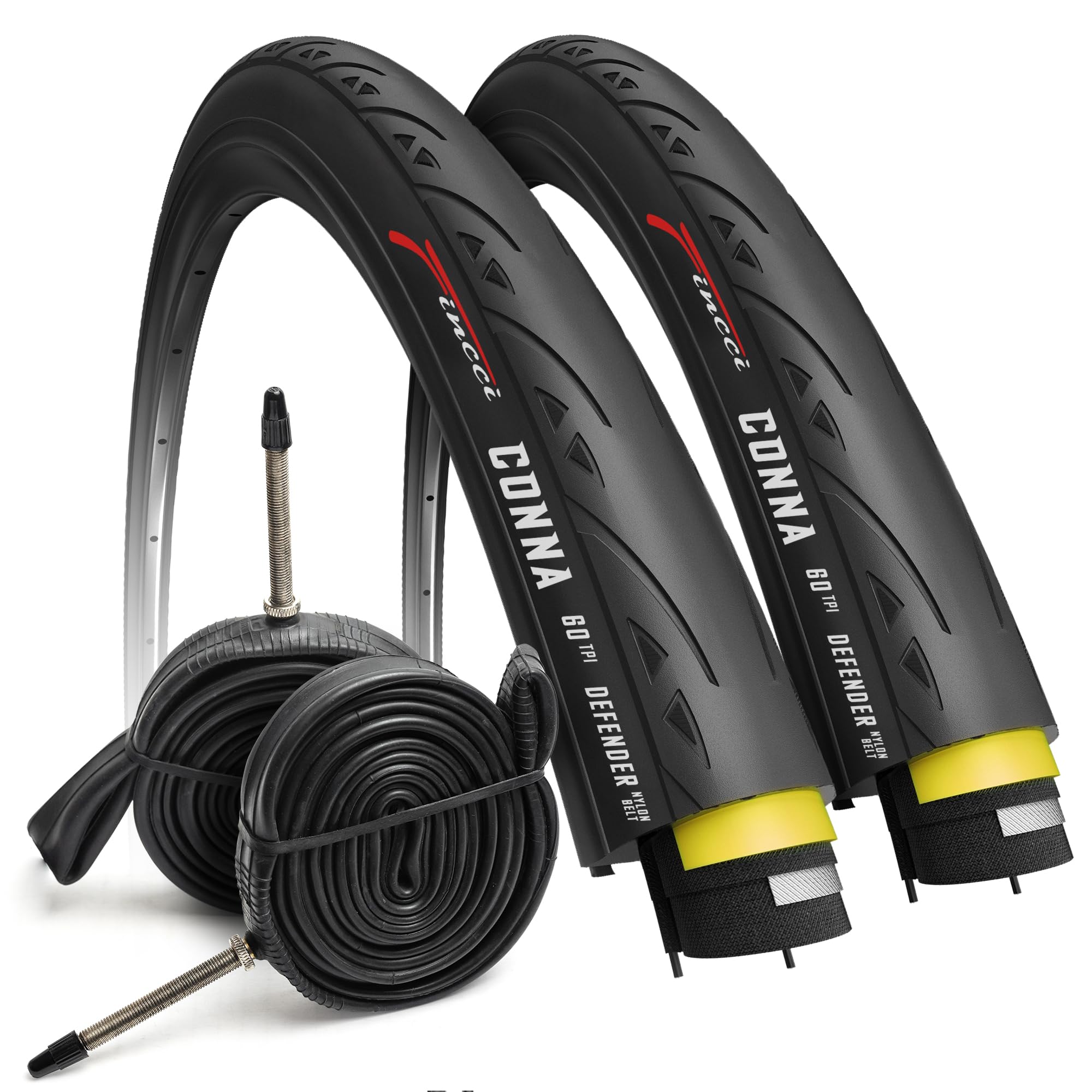 Fincci Racing Bike Tyres 700 x 23c - Set of Slick Foldable Tires 28 inch with 1mm Nylon Protection and 2x Inner Tube 23-622 Presta Valve - 60 TPI for