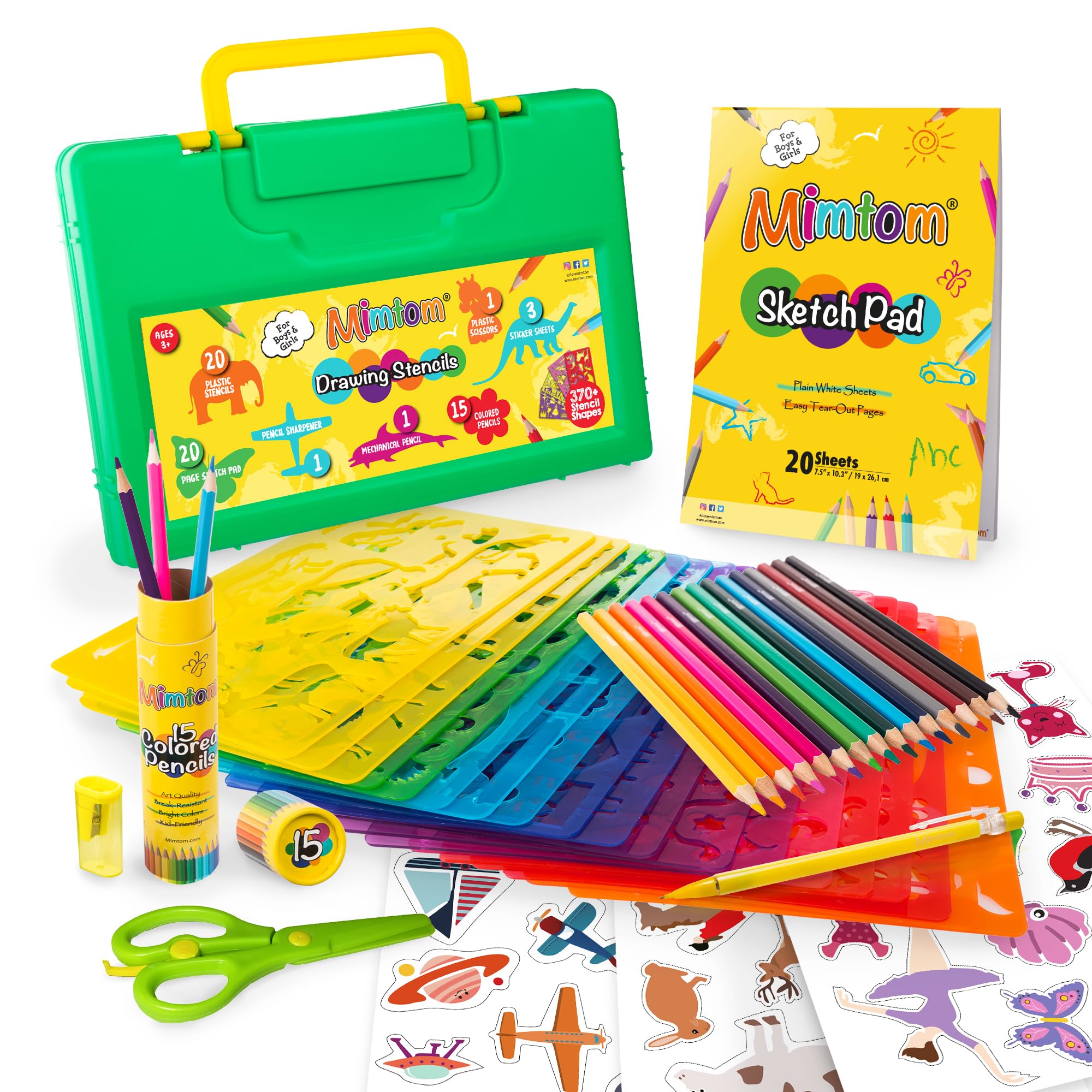 Mimtom Drawing Stencils for Kids | 60 PC Stencil Kit with Over 370 Shapes to Draw Imaginative Children's Stories | DIY Arts & Crafts Set with Animal,