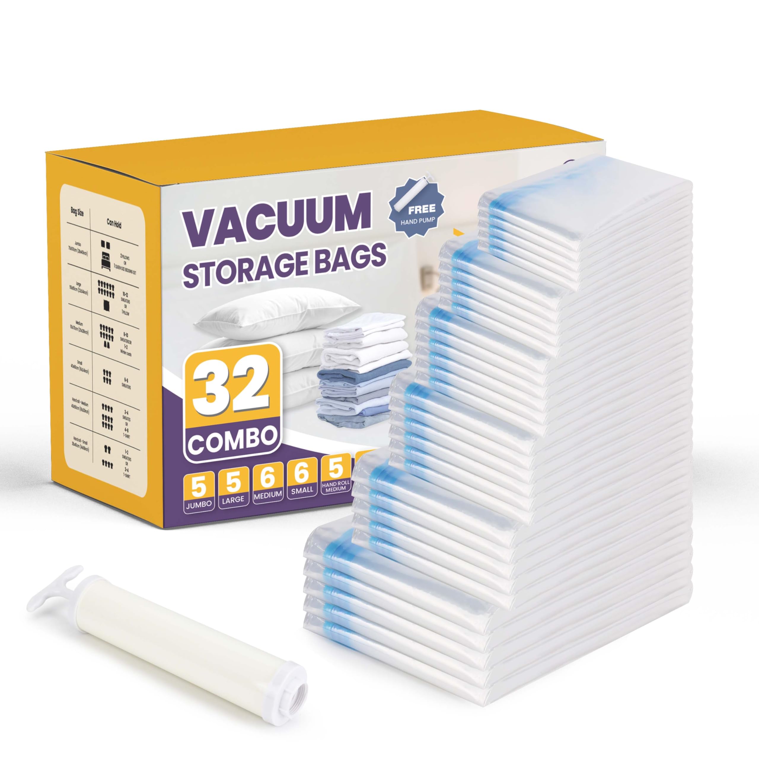 Simple Deluxe Vacuum Storage Bags 32 Pack Family Bundle | 5x Jumbo(70x100cm)/5x Large/6x Medium/6x Small/10x Roll-Up Bags with Hand Pump for Underbed