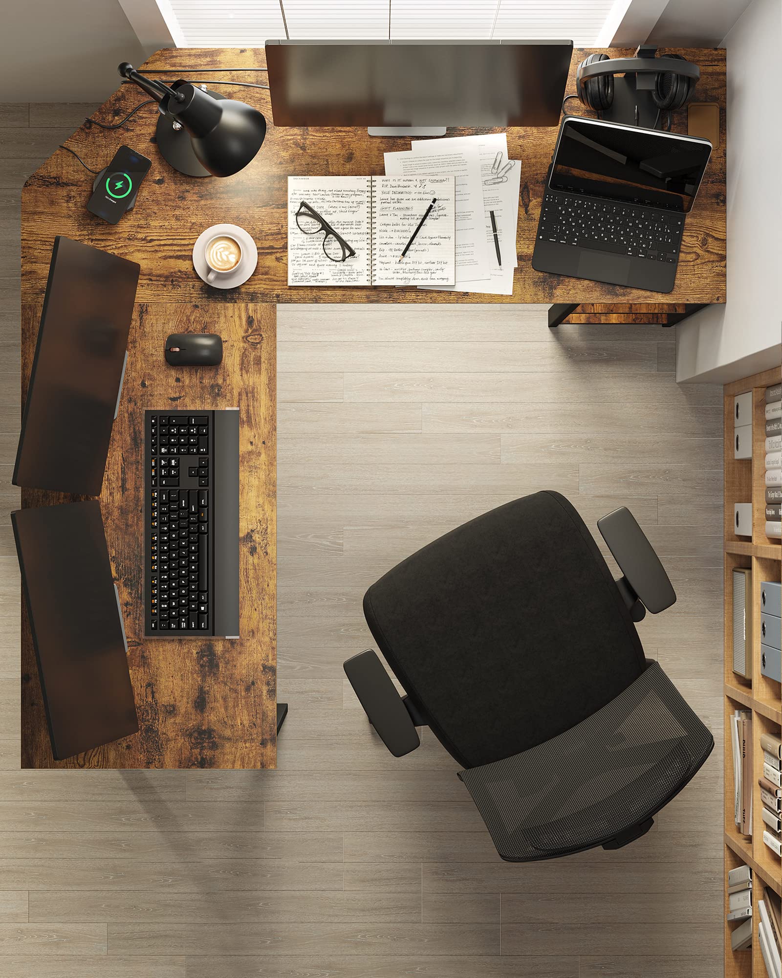 VASAGLE Computer Desk, L-Shaped Corner Desk, Gaming Desk, Workstation with 2 Storage Shelves for Home Office, Space-Saving, Easy to Assemble, Rustic