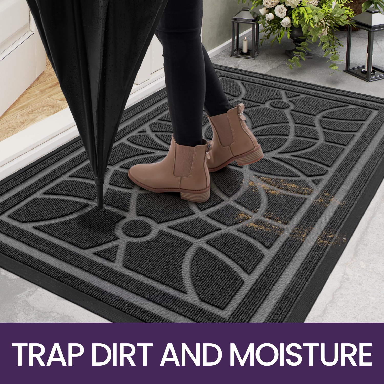 DEXI Door Mat 60 x 90 cm, Rubber Backing Dirt Trapper, Heavy Duty Non-Slip Entrance Rug, Easy Clean Shoes Scraper Doormat for Outdoor and Indoor, Grey