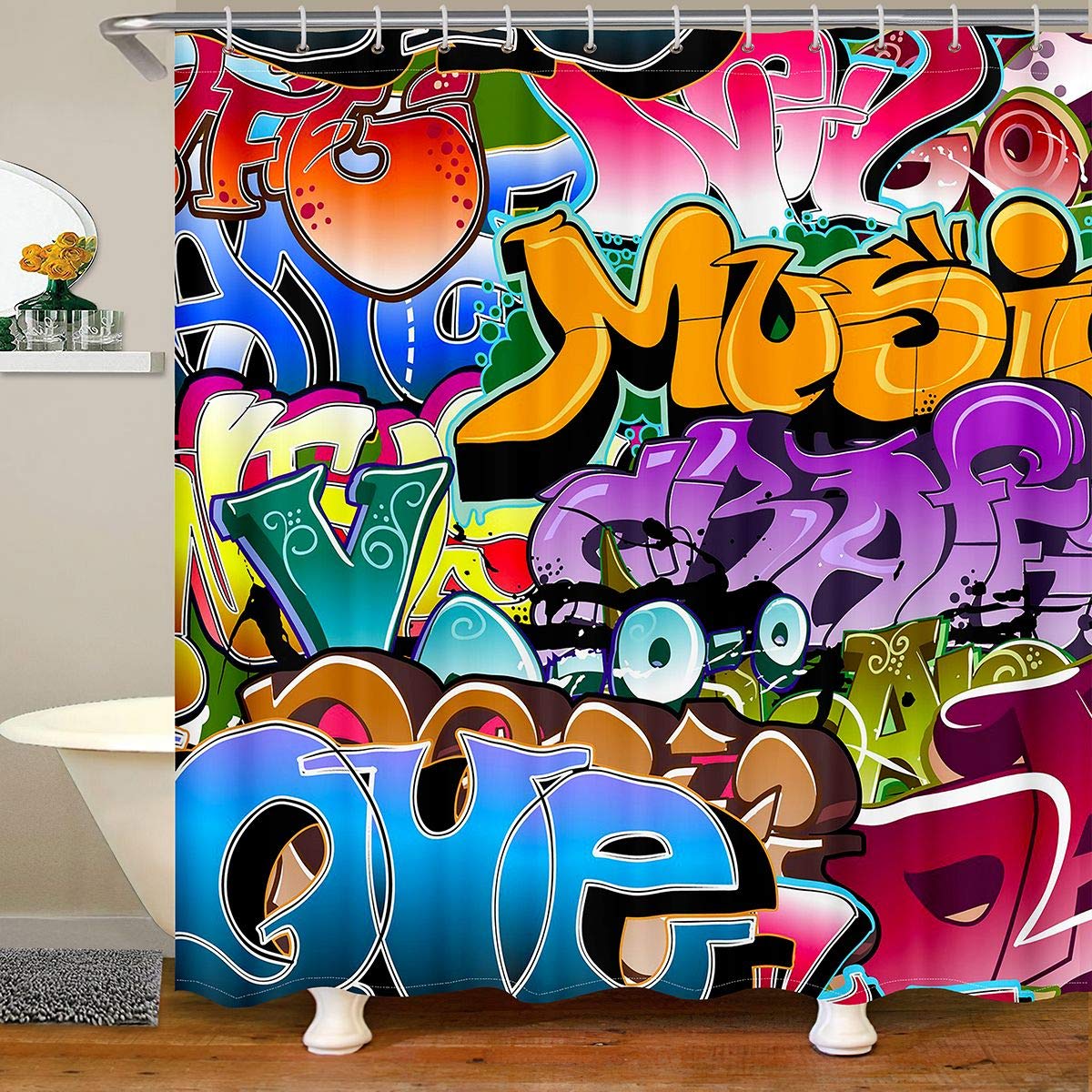 Hippie Graffiti Bathroom Shower Curtain with Hooks Kids Boys Teens Colorful Cartoon Alphabet Art Waterproof Shower Curtains Machine Washable Graffiti