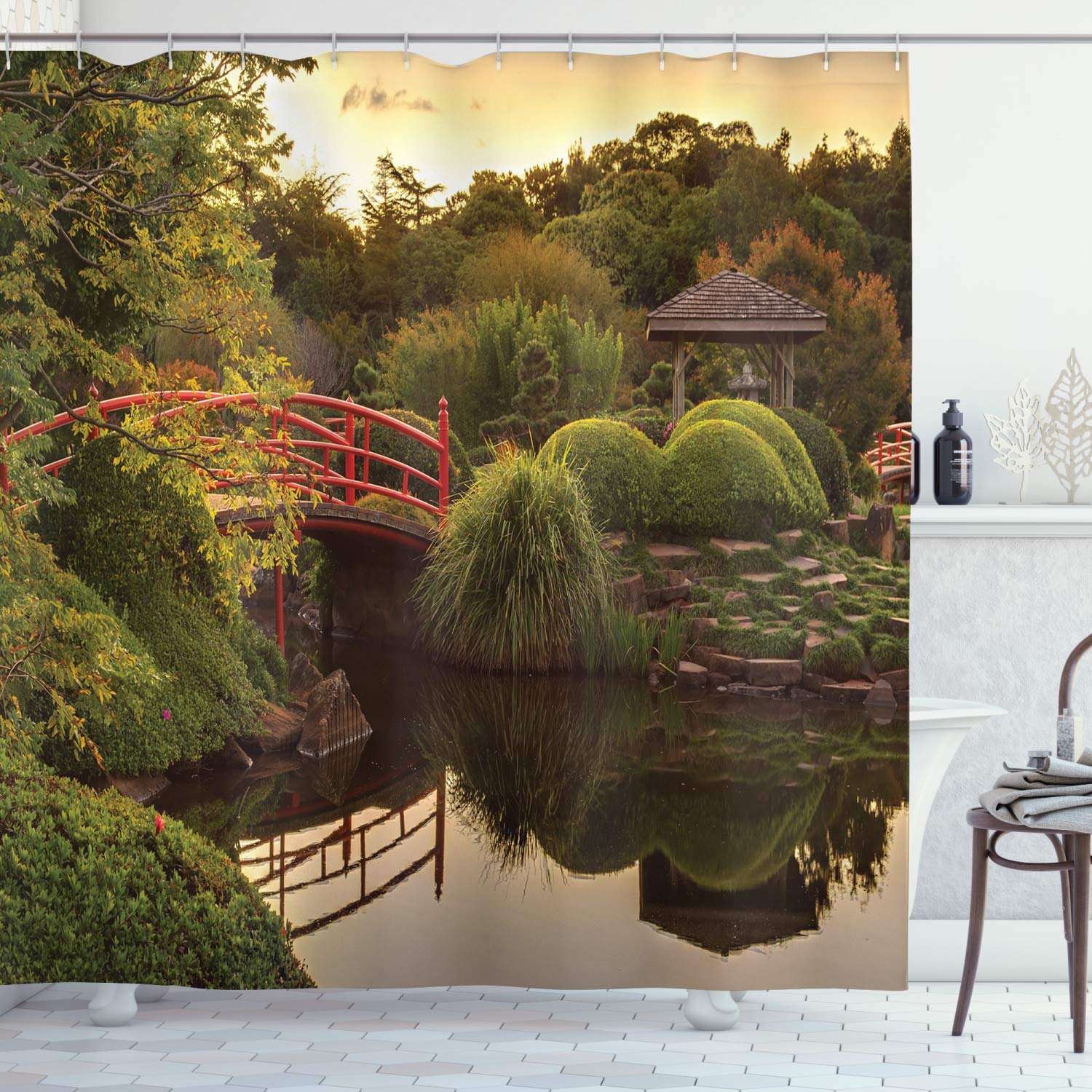 ABAKUHAUS Japanese Shower Curtain, Peaceful Garden Twilight Reflections in Water Red Bridge on Pond Sunset, Cloth Fabric Bathroom Decor Set with