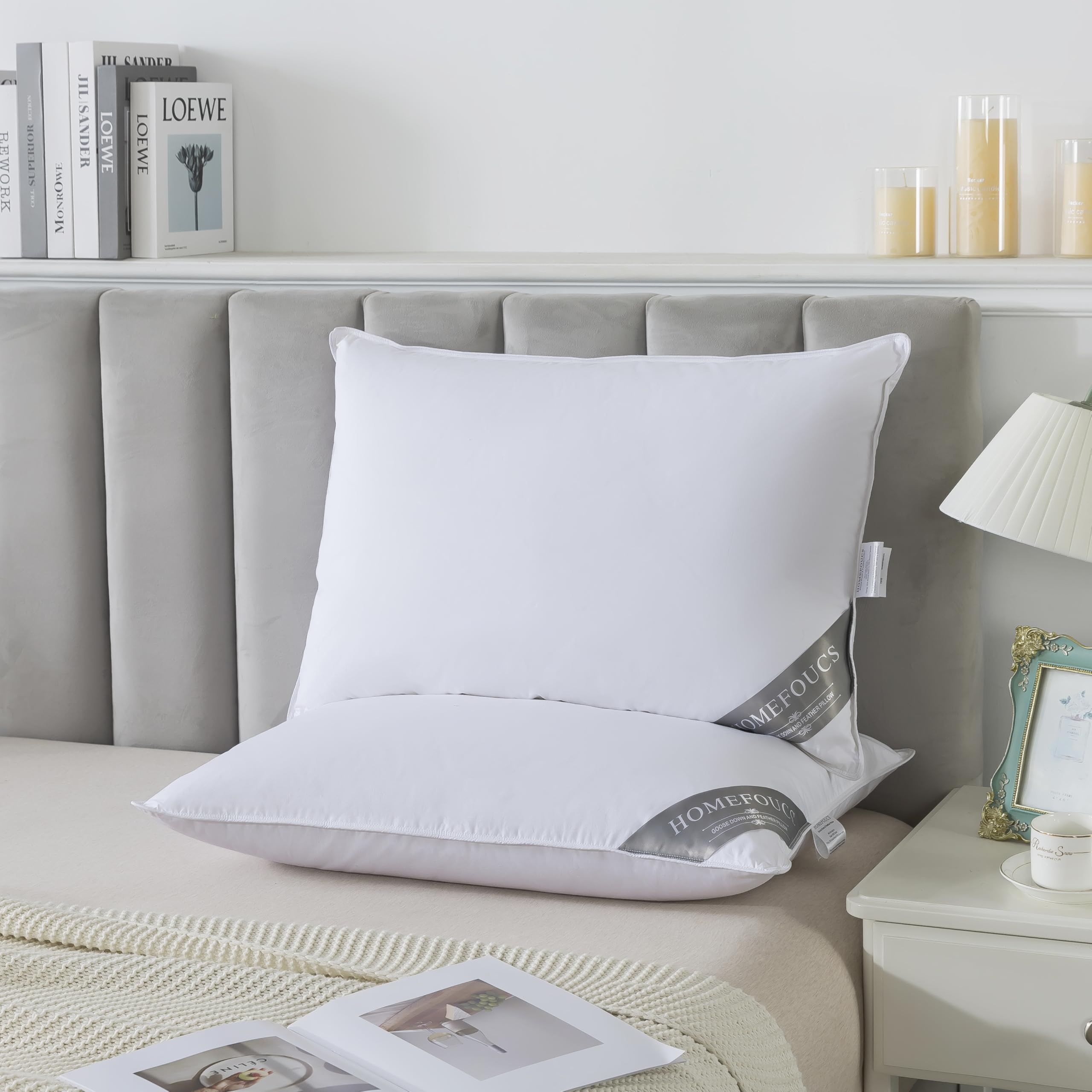HOMEFOUCS Luxury Feather and Down Pillows, pack of 2 100% Cotton Shell, Soft Hotel Quality Pillows (30% Down)