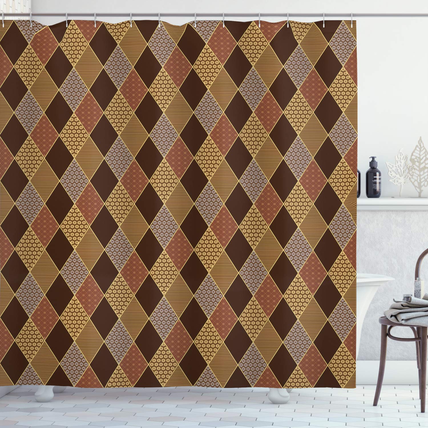 ABAKUHAUS Brown Shower Curtain, Lozenge Pattern in Patchwork Style Classical Old Fashioned Floral, Cloth Fabric Bathroom Decor Set with Hooks, 175 x