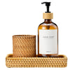 MaisoNovo Rattan Bathroom Set - Amber Countertop Dispenser, Toothbrush Holder & Toothpaste Cup with Tray - Set of 3 - Rattan Bathroom Vanity Trays
