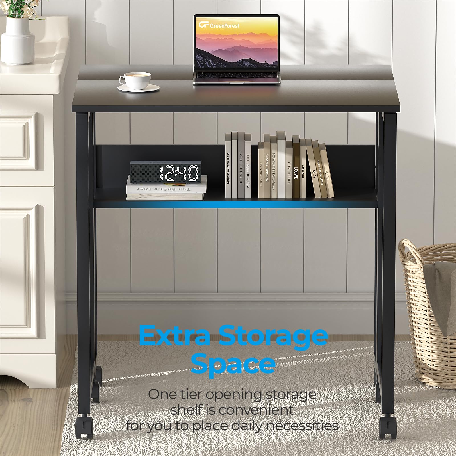 GreenForest Small Folding Desk with Storage Shelf,63 cm Computer Rolling Desk on Wheels Easy Assembly,Foldable desk for Small Space,Black