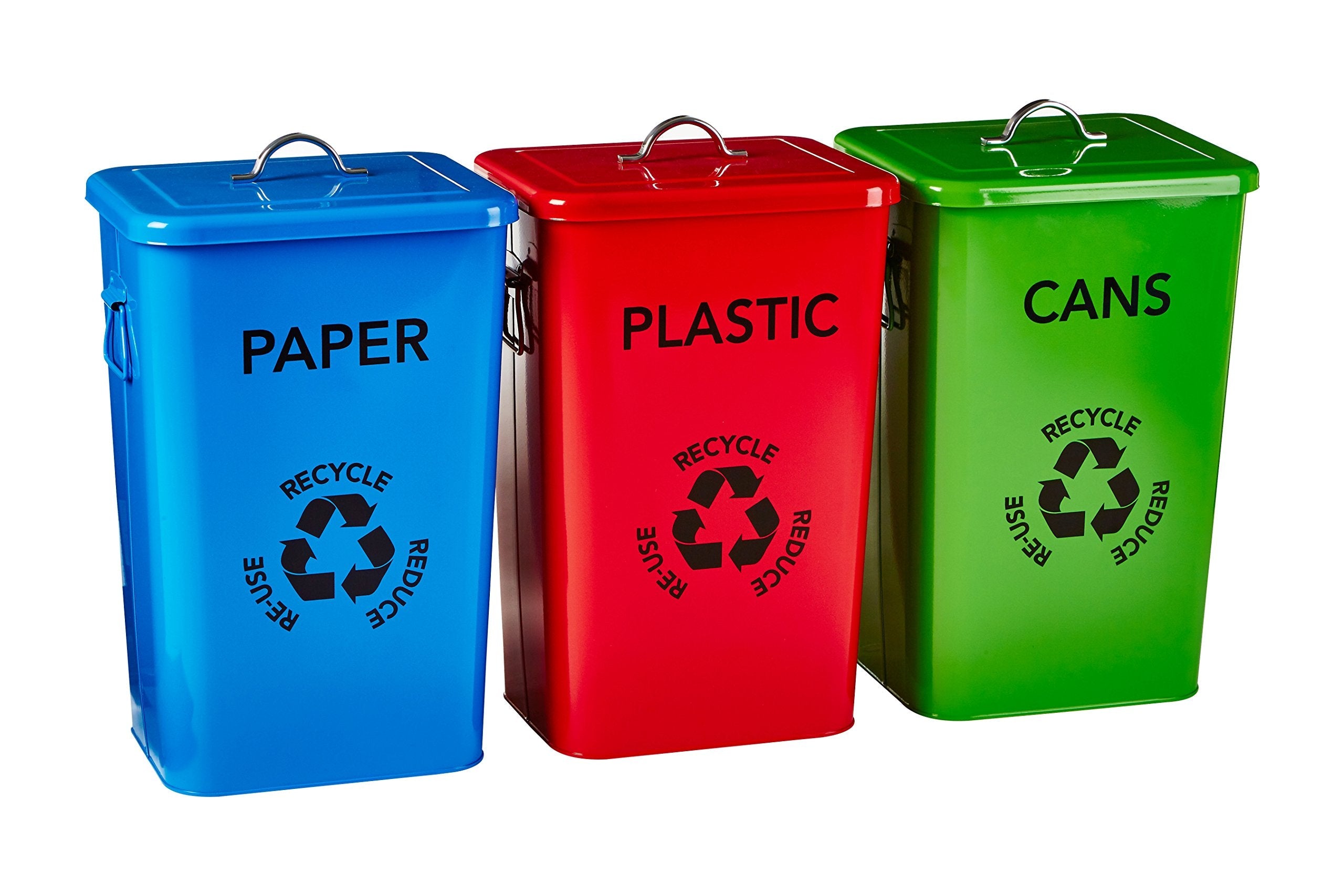 Premier Housewares Plastic, Paper and Cans Recycle Logo Bins - Multi-Colour, Set of 3