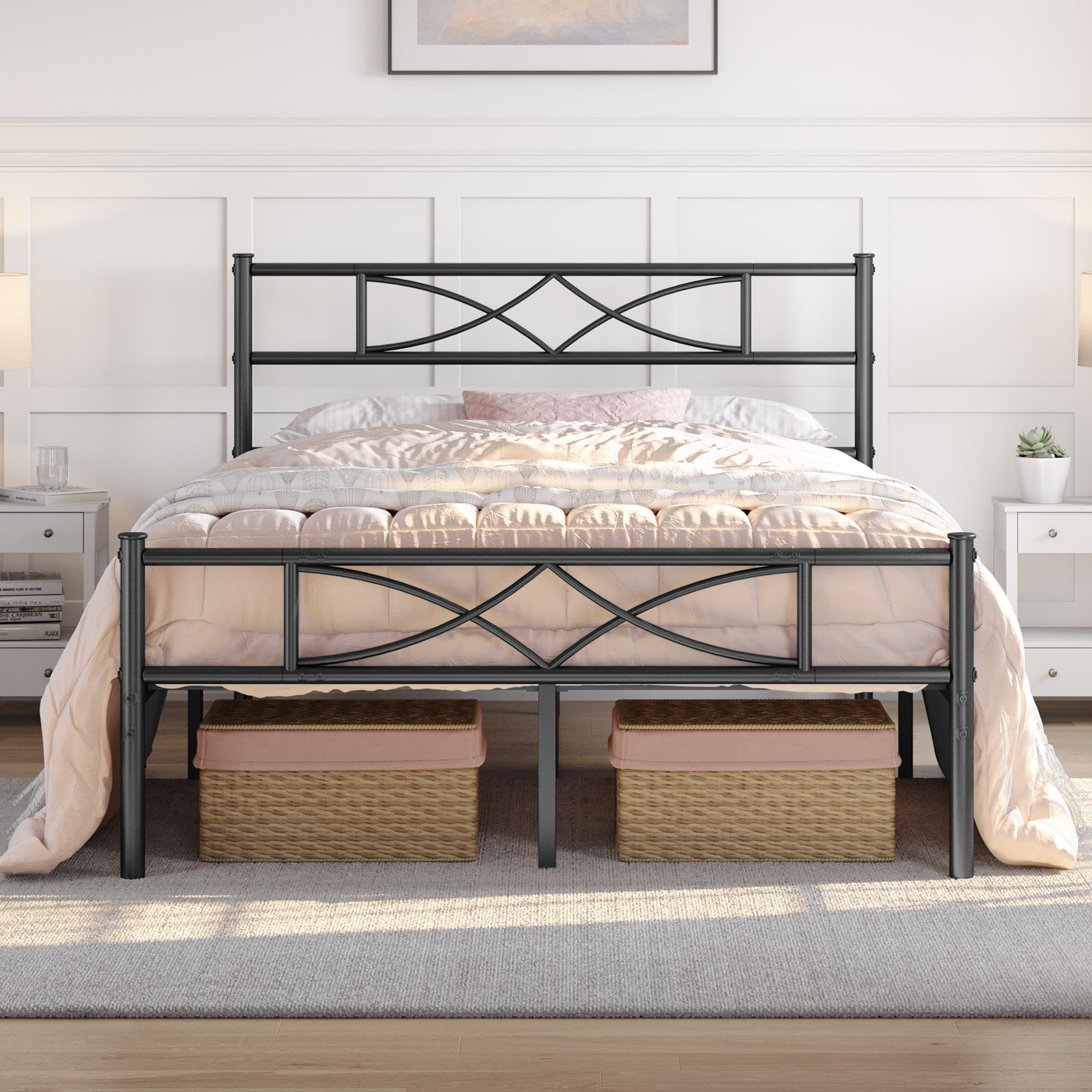 Yaheetech 5ft King Bed Frames Metal Slatted Bed Platform with Curved Design Headboard and Footboard, Under-bed Storage, No Box Spring Needed, 12