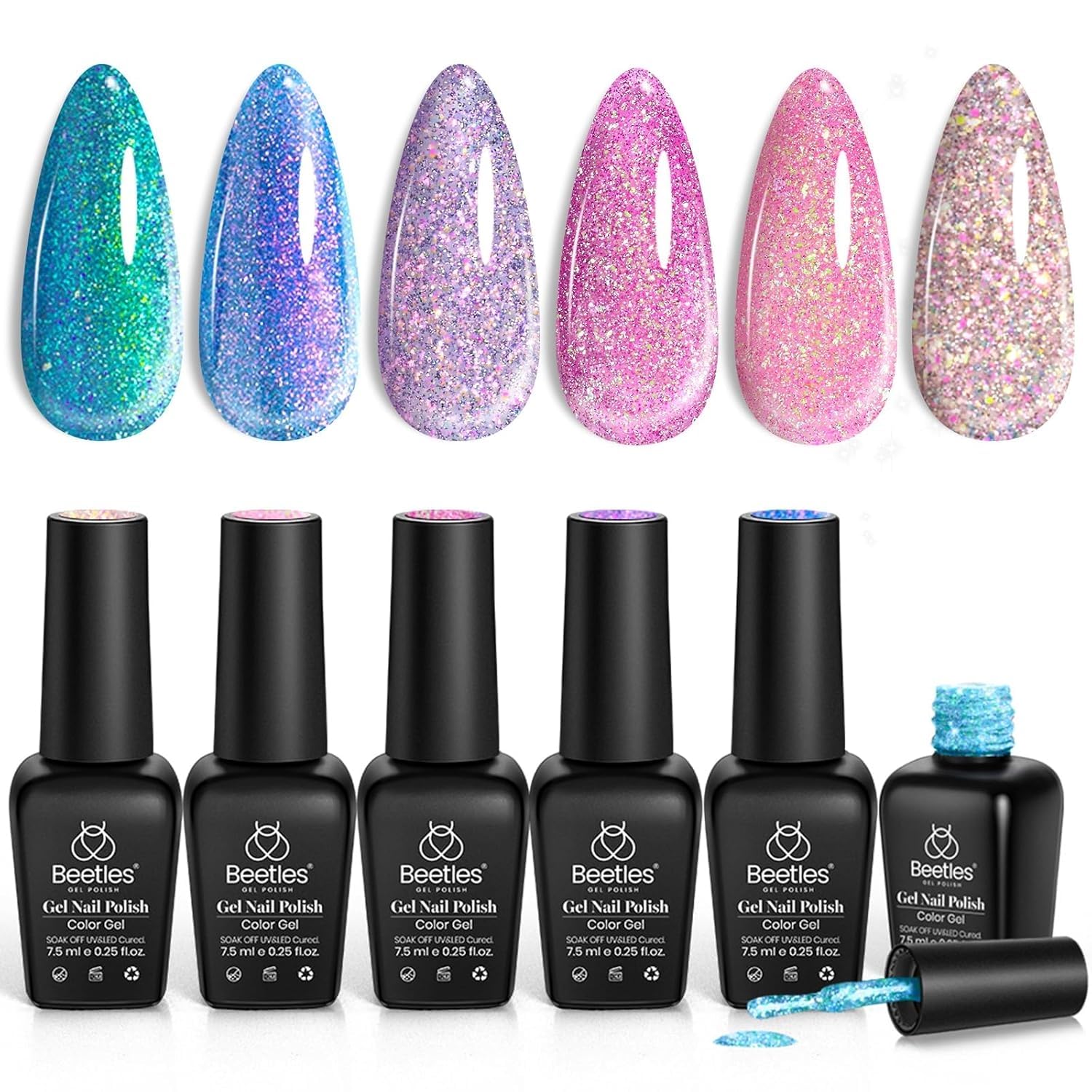 beetles Gel Polish Glitter Gel Nail Polish 6 Colors Sparkle Pink Purple Blue Gel Polish Kit Chameleon Crushed Diamond Multifunction Soak off Uv Nail