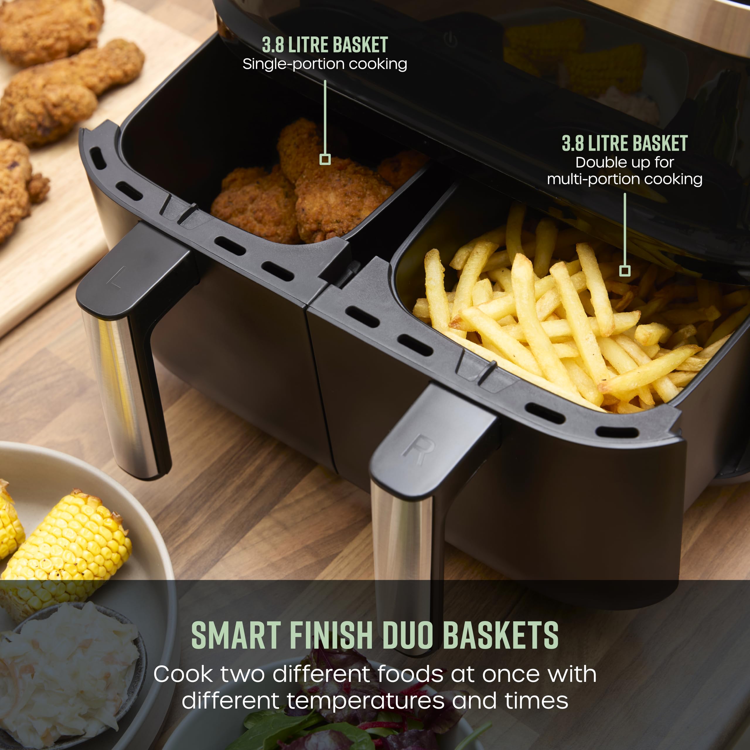 Swan SD10518BLK Dual Basket Digital Air Fryer with Swan Cyclone Technology, 8 Pre-Set Cooking Options, Adjustable Temperature, 7.6L, 2850W, Black