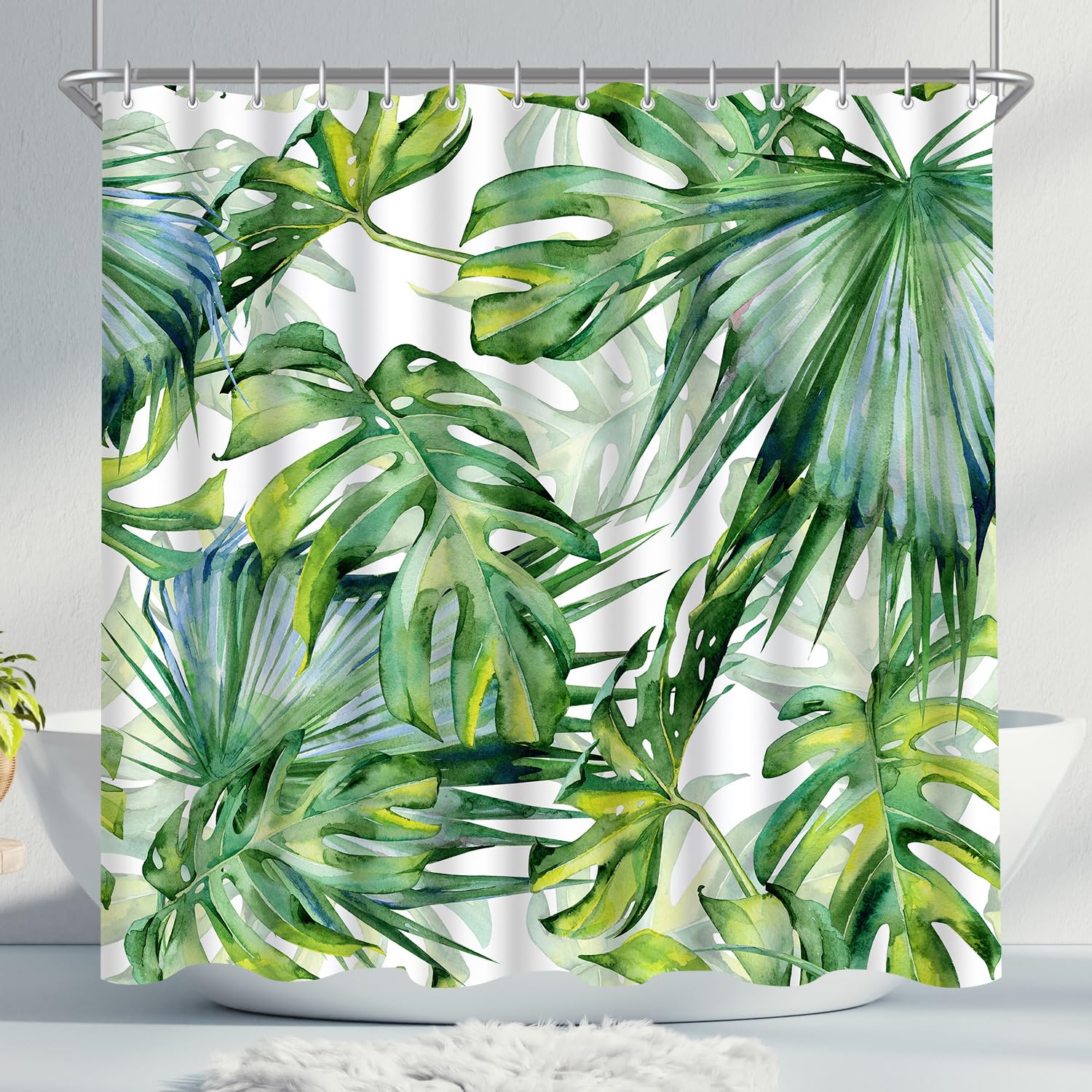 Lerores Shower Curtain, 120 x 180 cm, Green Leaves, Weighted Hem, Anti-Mould Textile, Waterproof, Washable Polyester Fabric Bath Curtains with 8
