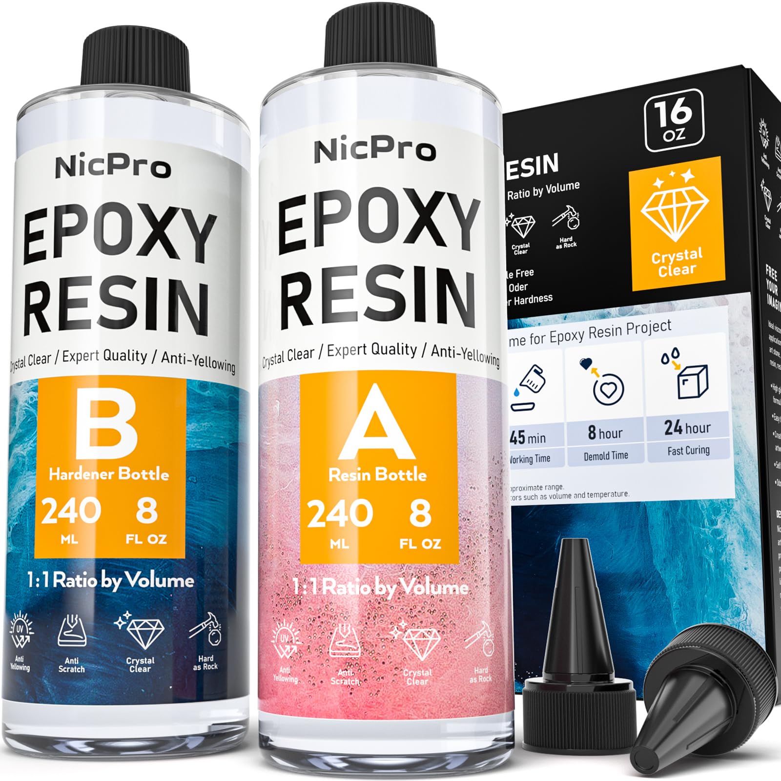 Nicpro 16 oz/ 480 ml Crystal Clear Epoxy Resin Kit, Food Safe DIY Starter Epoxy Resin for Craft, Canvas Painting, Molds Pigment Jewelry Making, Resin